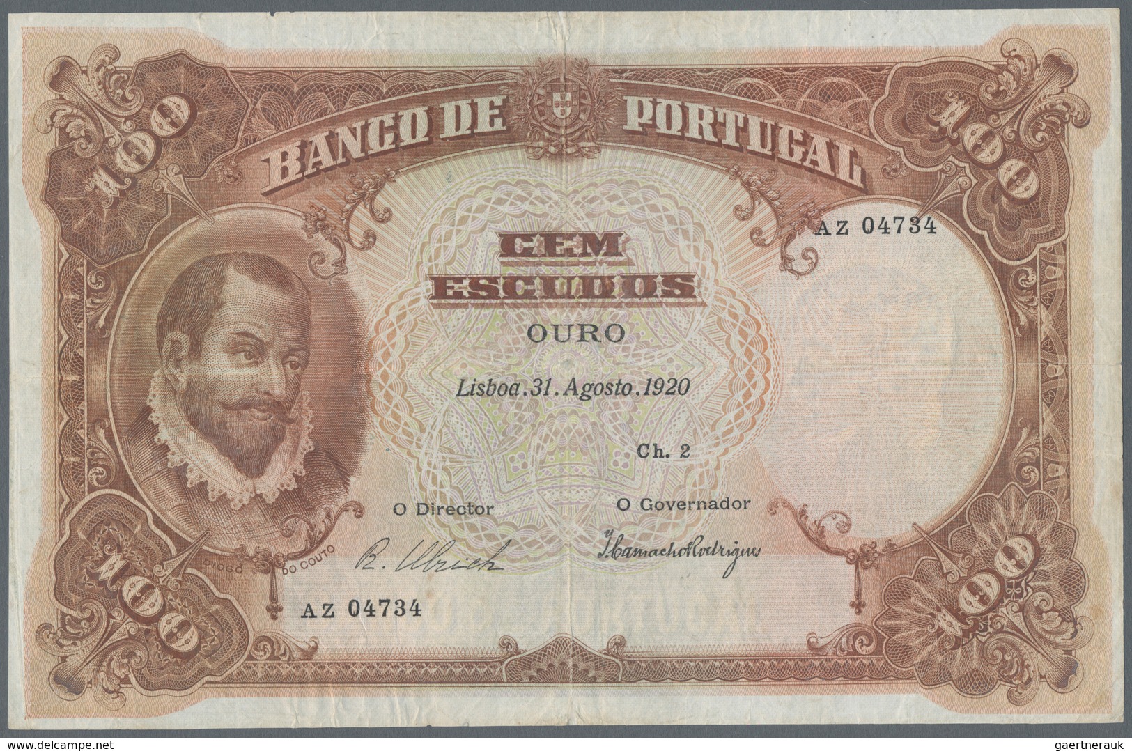 Portugal: Banco De Portugal 100 Escudos 1920, P.124, Very Attractive And Extraordinary Rare Banknote - Portugal