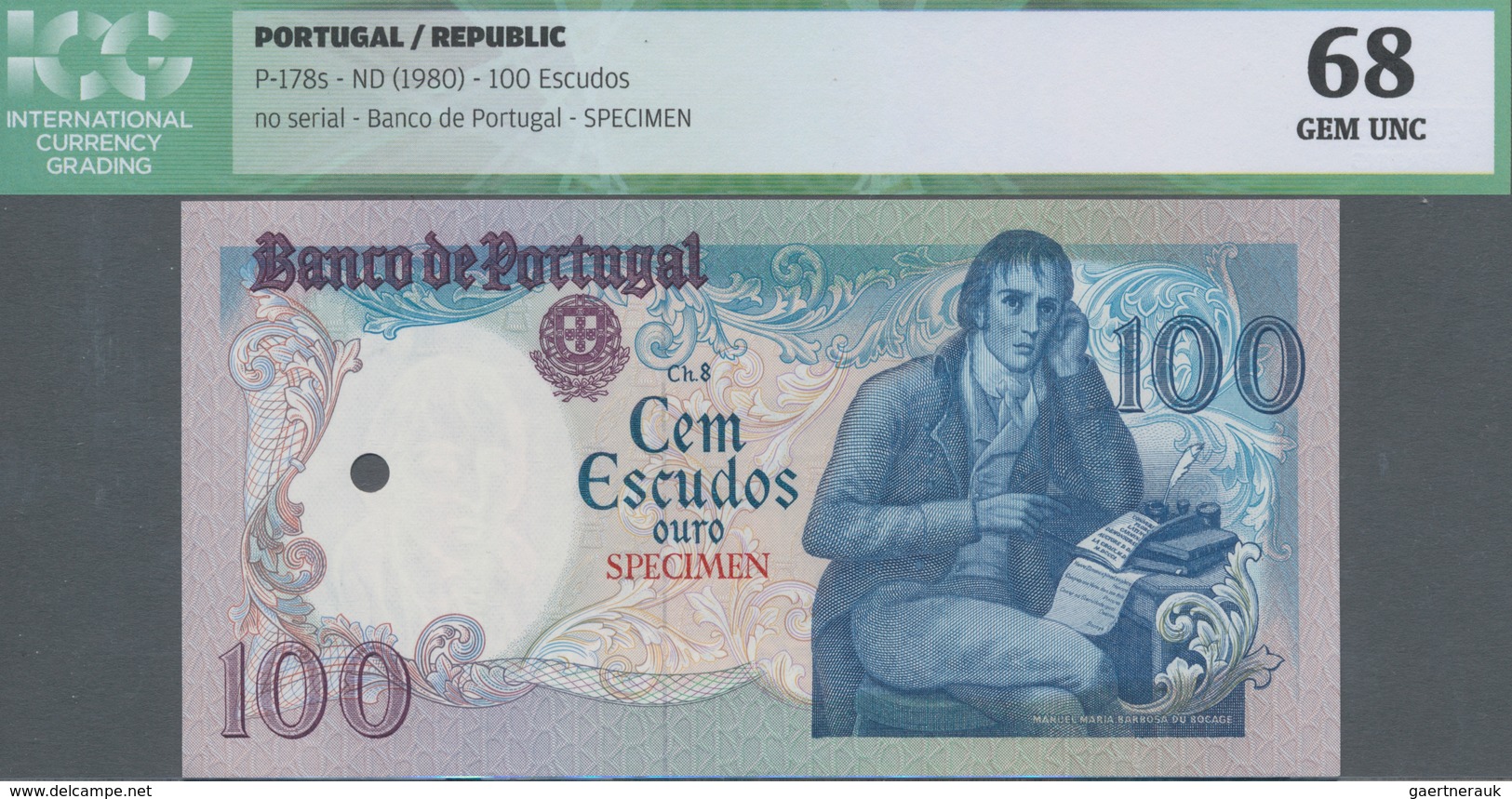 Portugal: 100 Escudos ND(1980) SPECIMEN, P.178s In UNC, ICG Graded 68 GEM UNC - Portugal