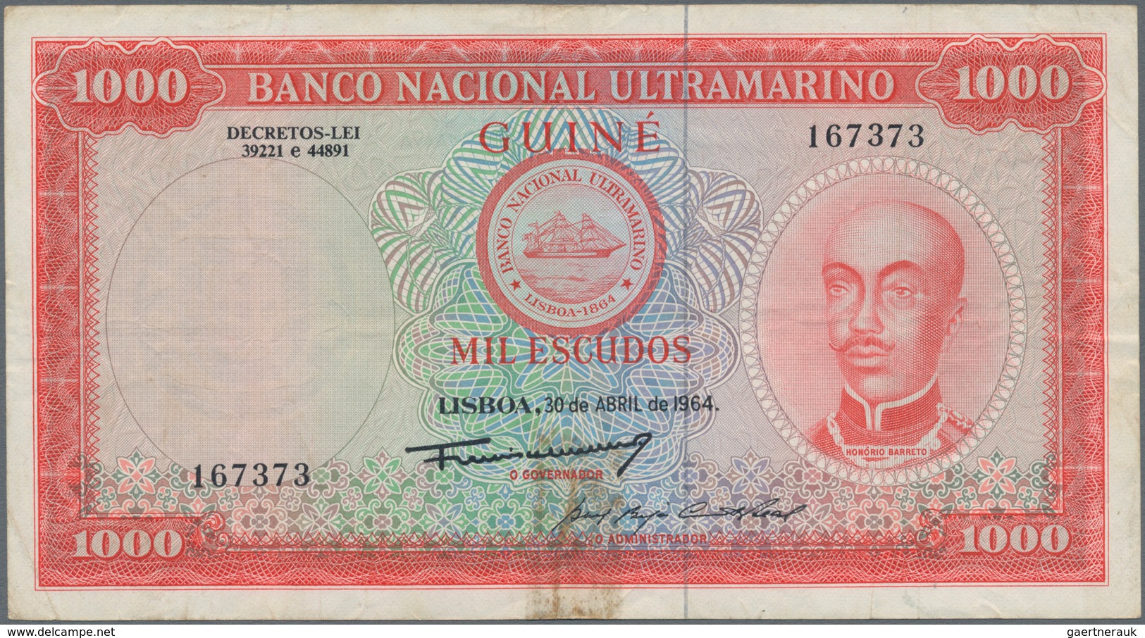 Portuguese Guinea  / Portugiesisch Guinea: Banco Nacional Ultramarino 1000 Escudos 1964, P.43a, Stil - Guinea