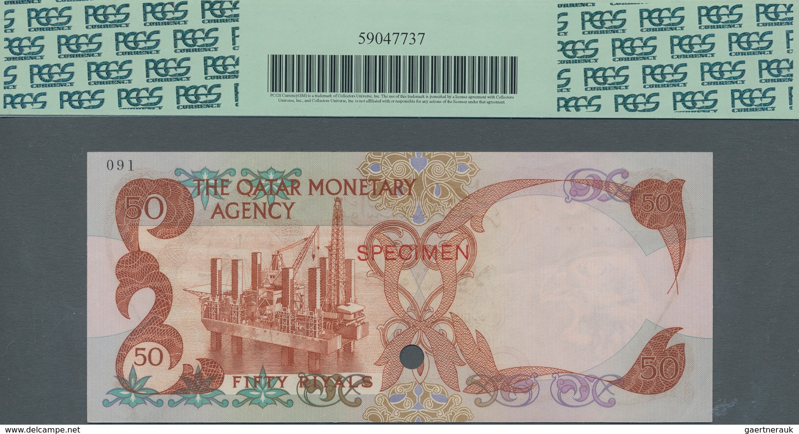 Qatar: Monetary Agency 50 Riyals ND(1973) Color Trial SPECIMEN, P.4cts With Punch Hole Cancellation - Qatar