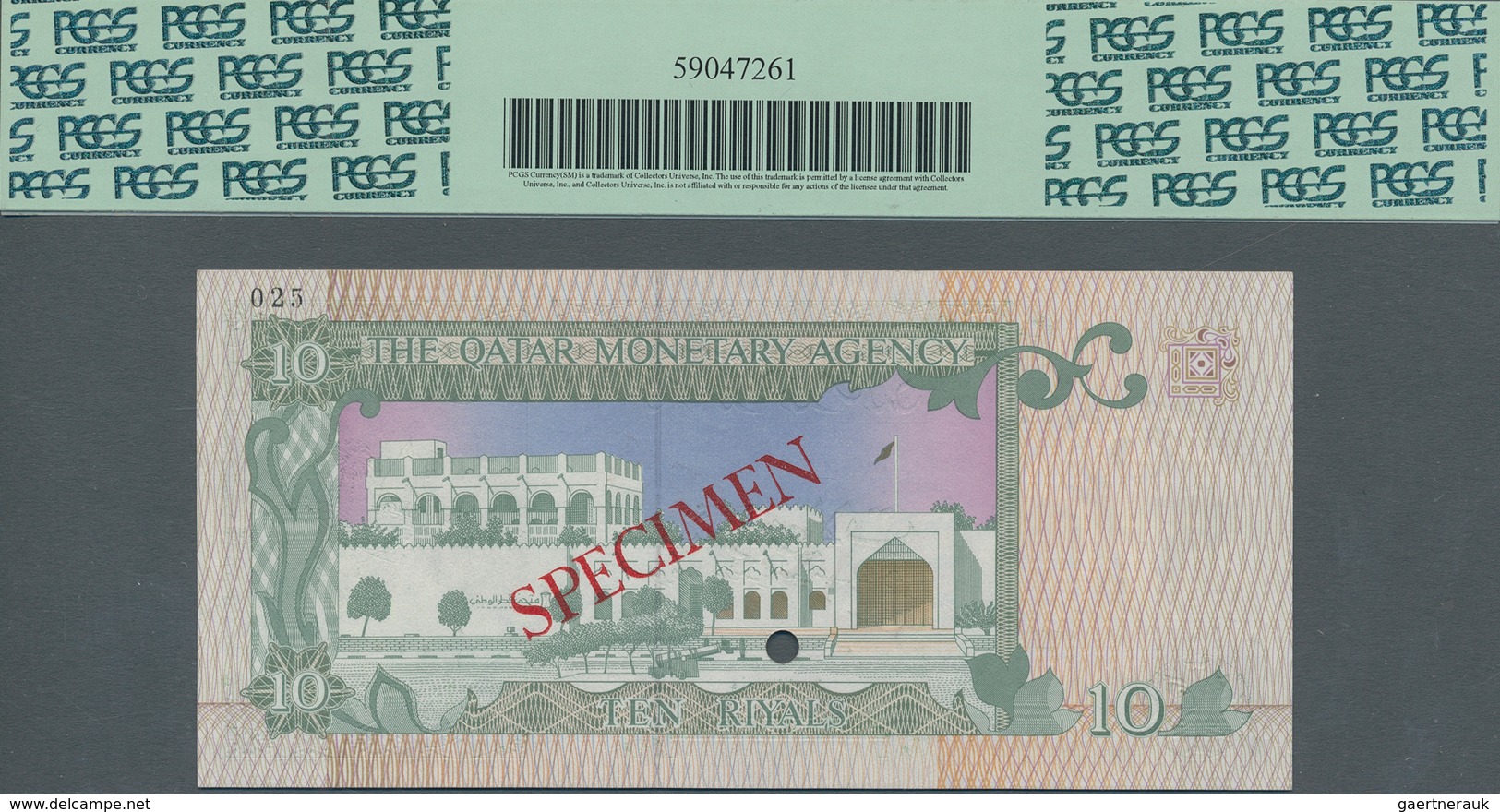 Qatar: Monetary Agency 10 Riyals ND(1980's) SPECIMEN, P.9s With Punch Hole Cancellation In Perfect U - Qatar
