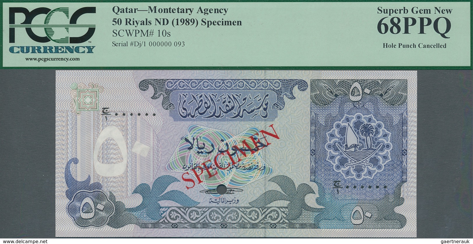 Qatar: Monetary Agency 50 Riyals ND(1989) SPECIMEN, P.10s In Perfect UNC Condition, PCGS Graded 68 P - Qatar