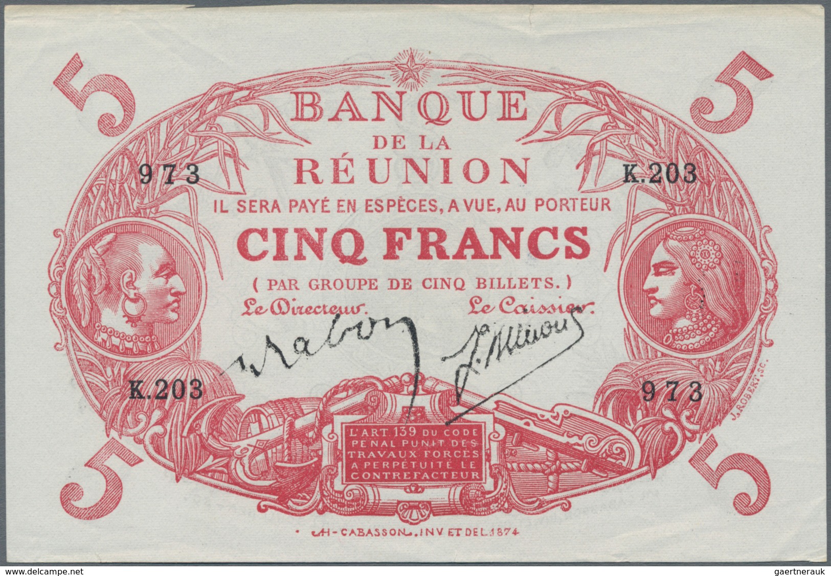 Réunion: Banque De La Réunion 5 Francs L. 1901 (1930-1944), P.14, Very Nice And Without Folds, Small - Réunion