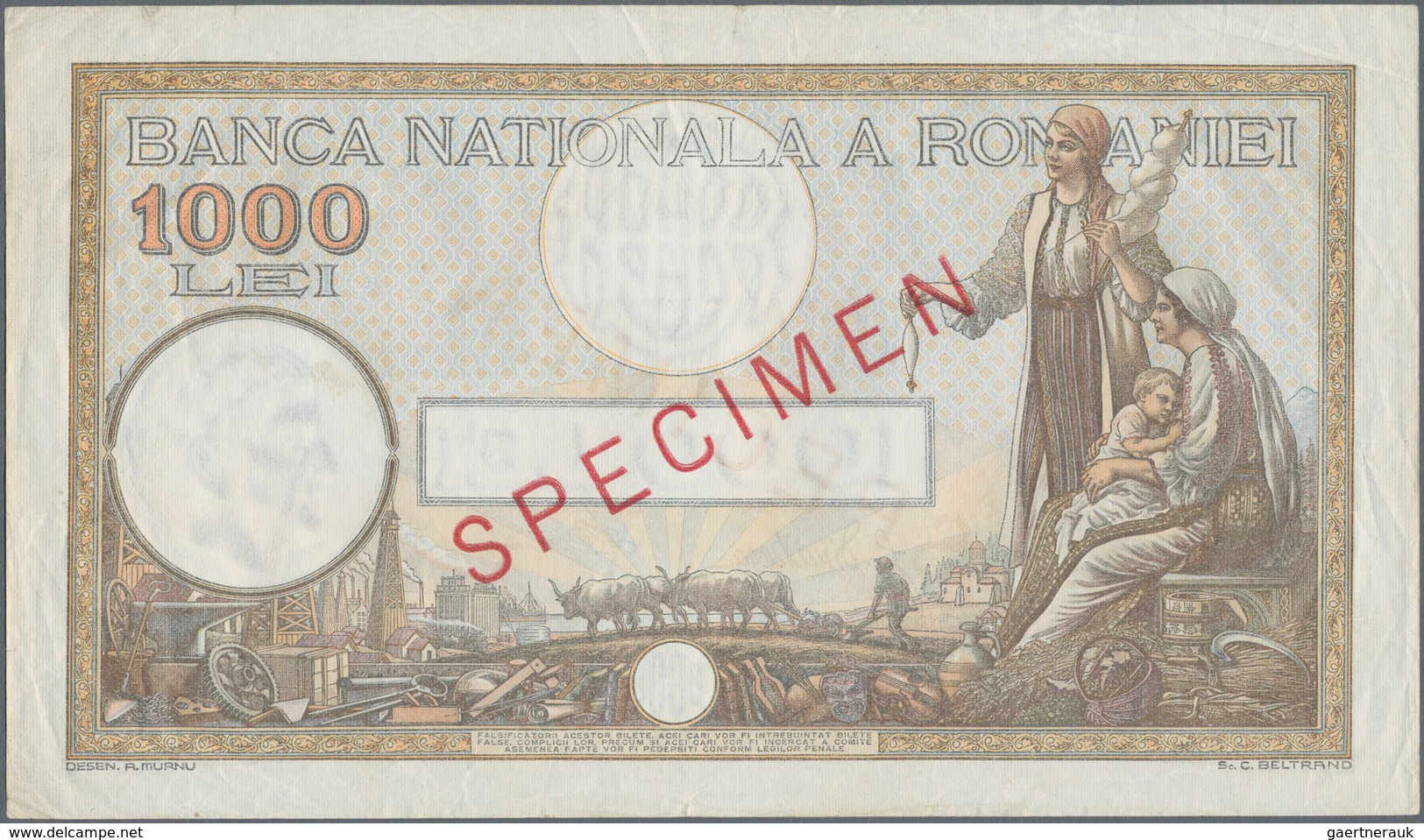 Romania / Rumänien: Banca Naţională A României 1000 Lei 1934 SPECIMEN, P.37s, Unfolded With Some Min - Rumania