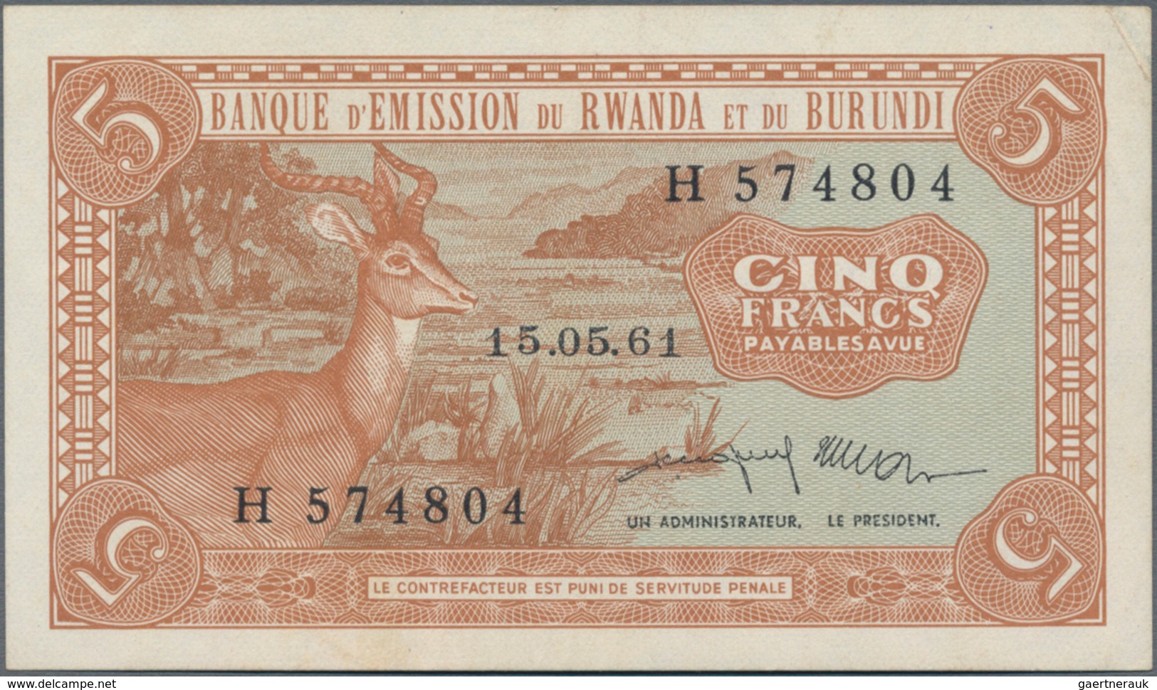 Rwanda-Burundi / Ruanda-Burundi: Banque D'Émission Du Rwanda Et Du Burundi 5 Francs 1961, P.1, Very - Ruanda-Burundi