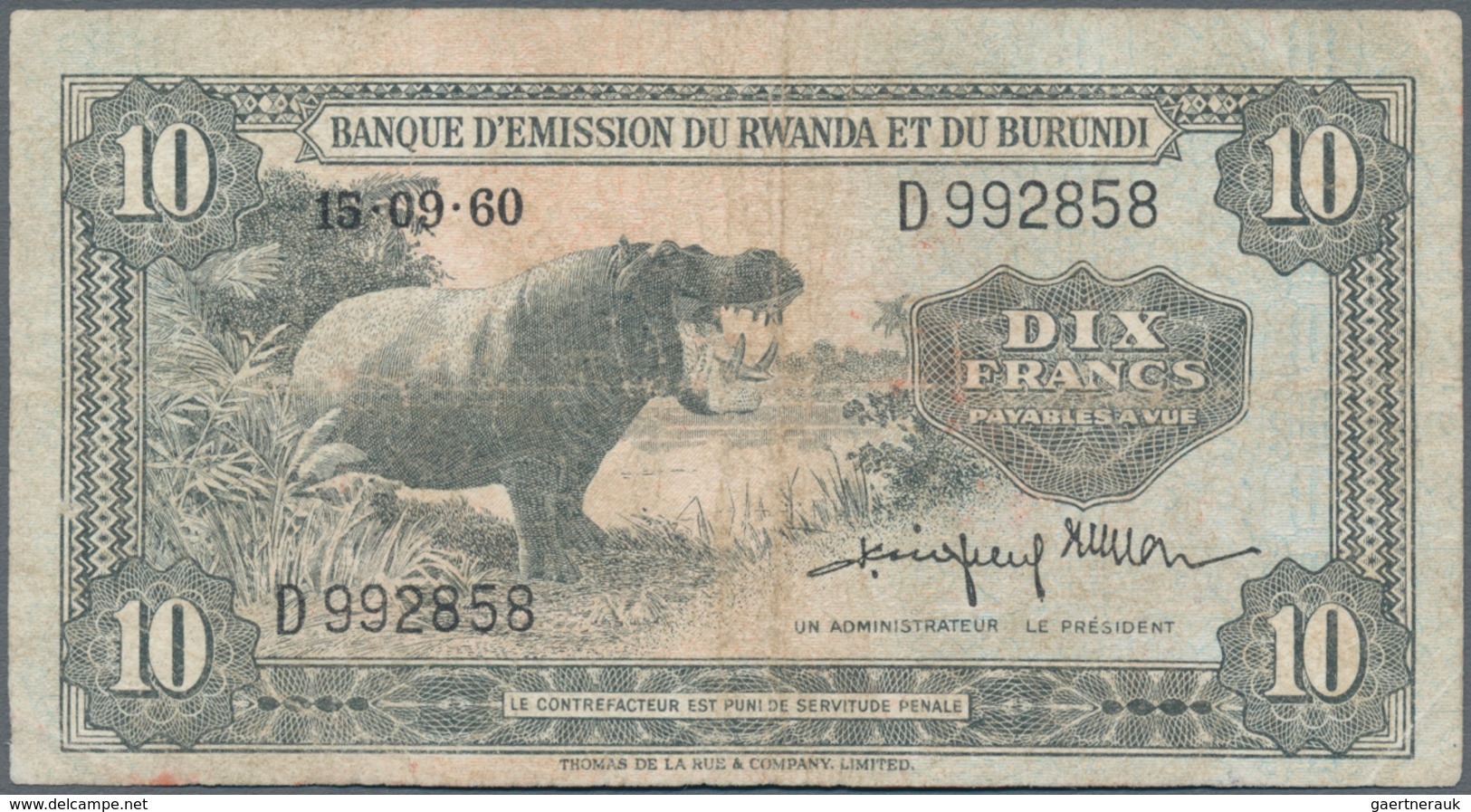 Rwanda-Burundi / Ruanda-Burundi: Banque D'Émission Du Rwanda Et Du Burundi 10 Francs 1960, P.2, Ligh - Ruanda-Burundi