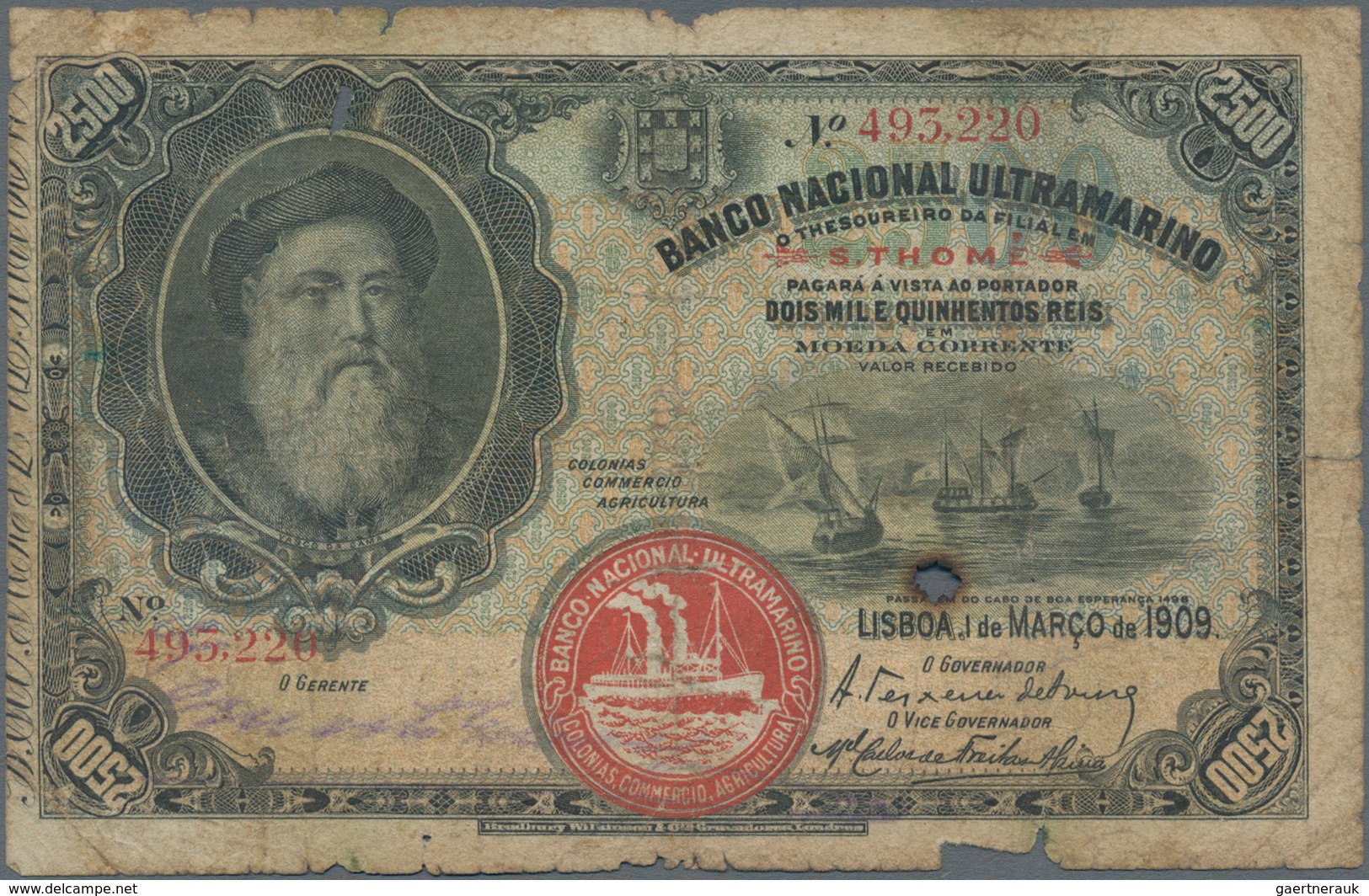 Saint Thomas & Prince / Sao Tome E Principe: Banco Nacional Ultramarino 2500 Reis 1909, P.8, Extraor - San Tomé Y Príncipe