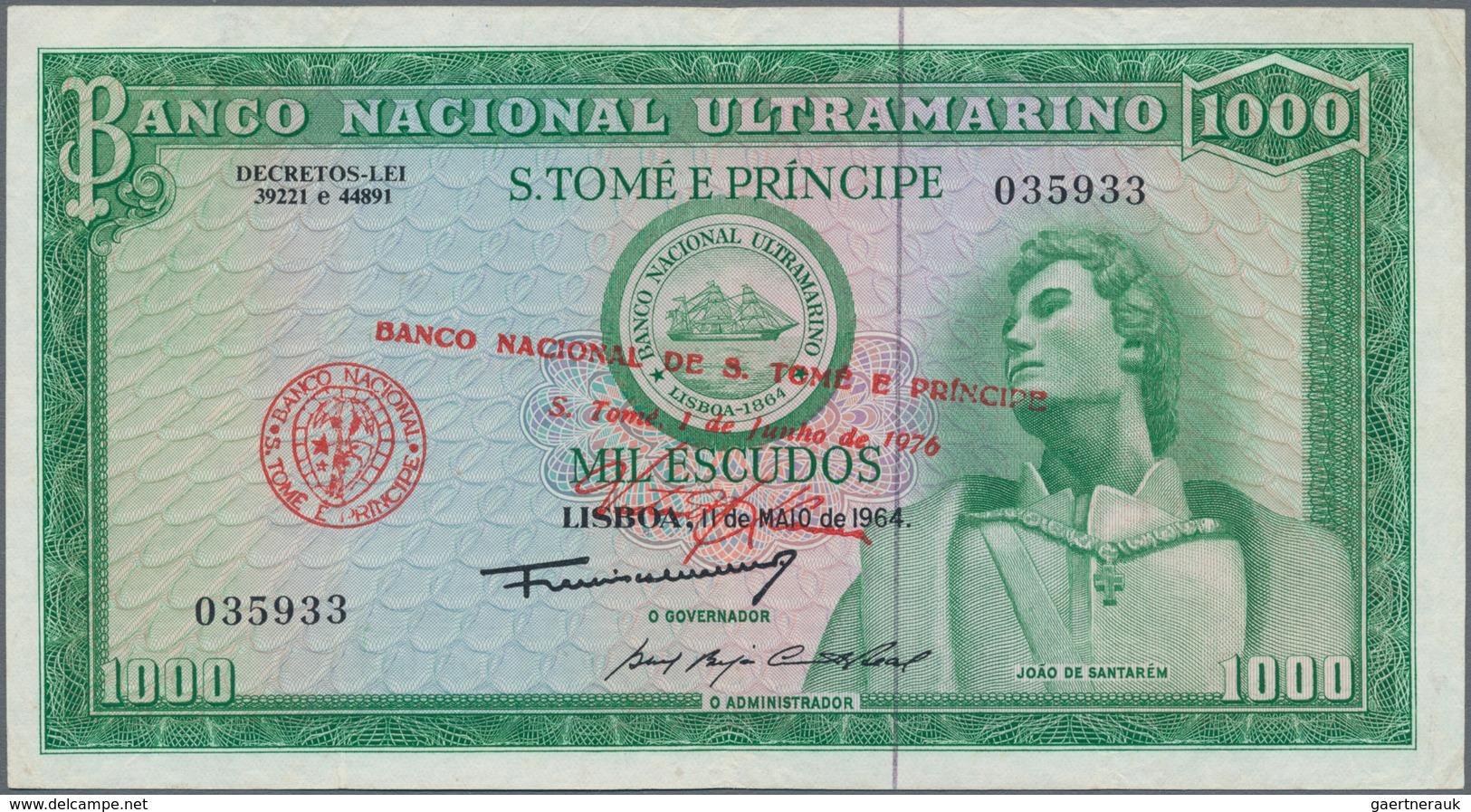 Saint Thomas & Prince / Sao Tome E Principe: Banco Nacional Ultramarino 1000 Escudos With Overprint - San Tomé Y Príncipe