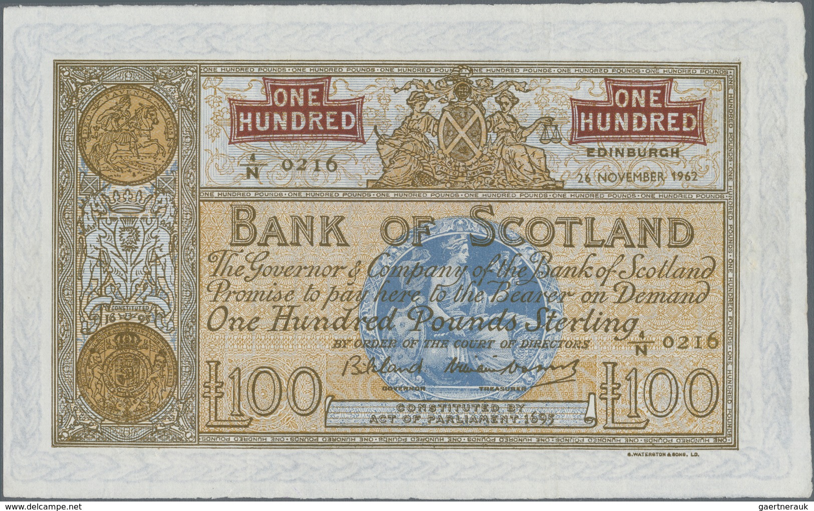 Scotland / Schottland: Bank Of Scotland 100 Pounds 1962 With Signatures: Bilsland & Watson, P.95e In - Andere & Zonder Classificatie