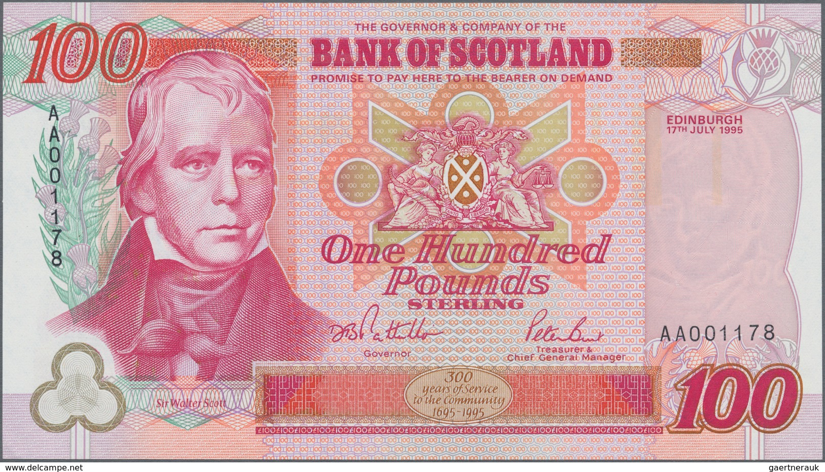 Scotland / Schottland: Bank Of Scotland 100 Pounds 1995, P.123a With Low Serial Number AA001178 In P - Sonstige & Ohne Zuordnung