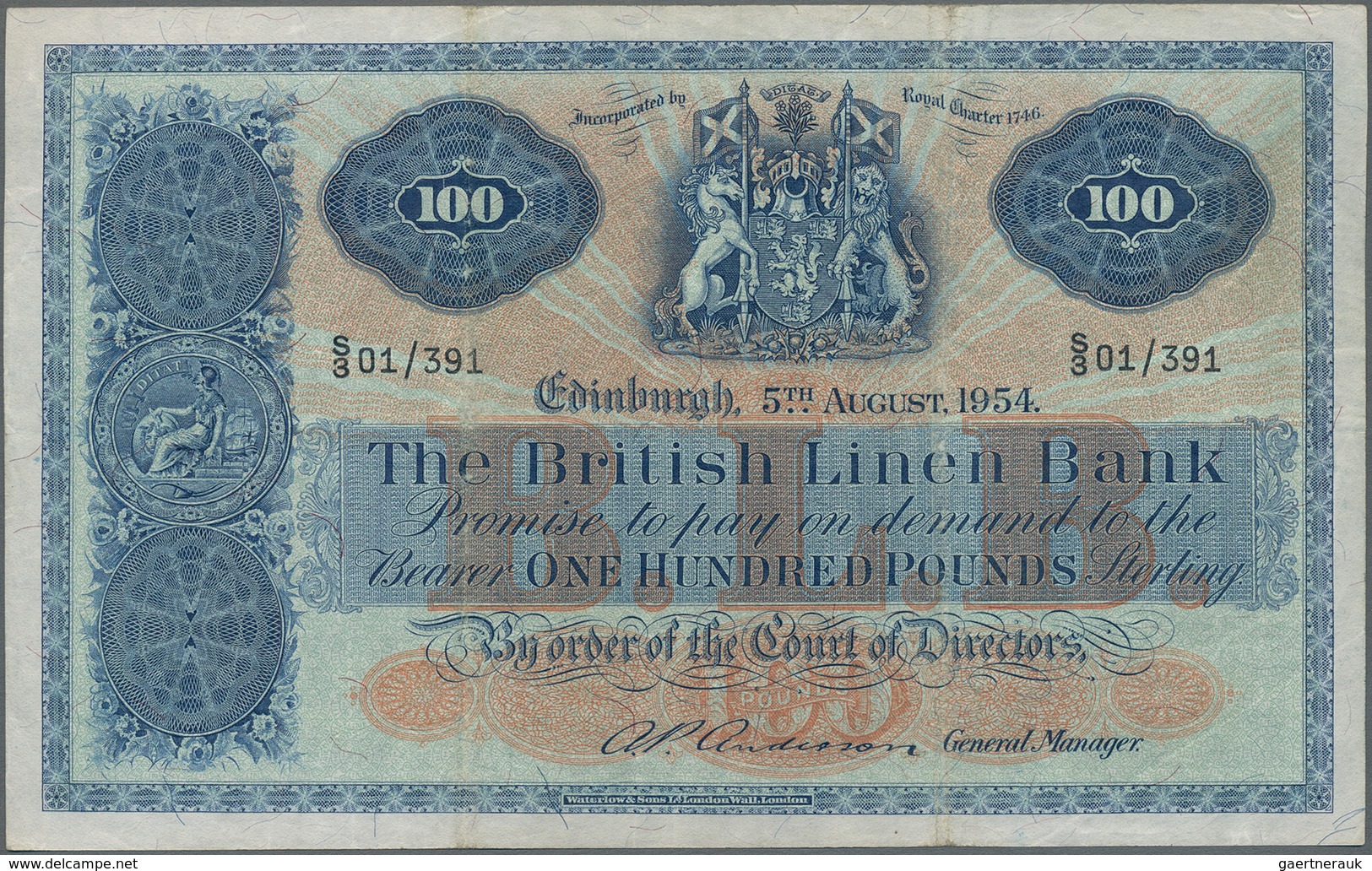 Scotland / Schottland: The British Linen Bank 100 Pounds 1954, P.160b, Excellent Condition For This - Autres & Non Classés