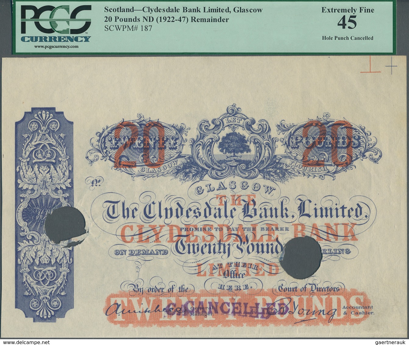 Scotland / Schottland: The Clydesdale Bank Limited 20 Pounds ND(1922-47) Remainder, P.187 With Two L - Sonstige & Ohne Zuordnung