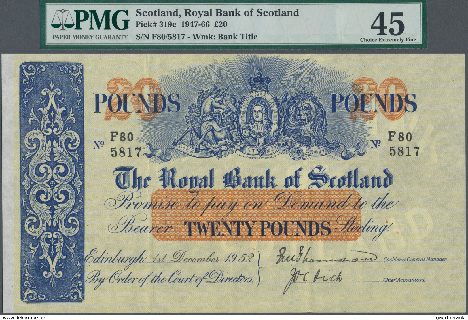 Scotland / Schottland: The Royal Bank Of Scotland 20 Pounds 1952, P.319c, Fantastic Condition For Th - Otros & Sin Clasificación