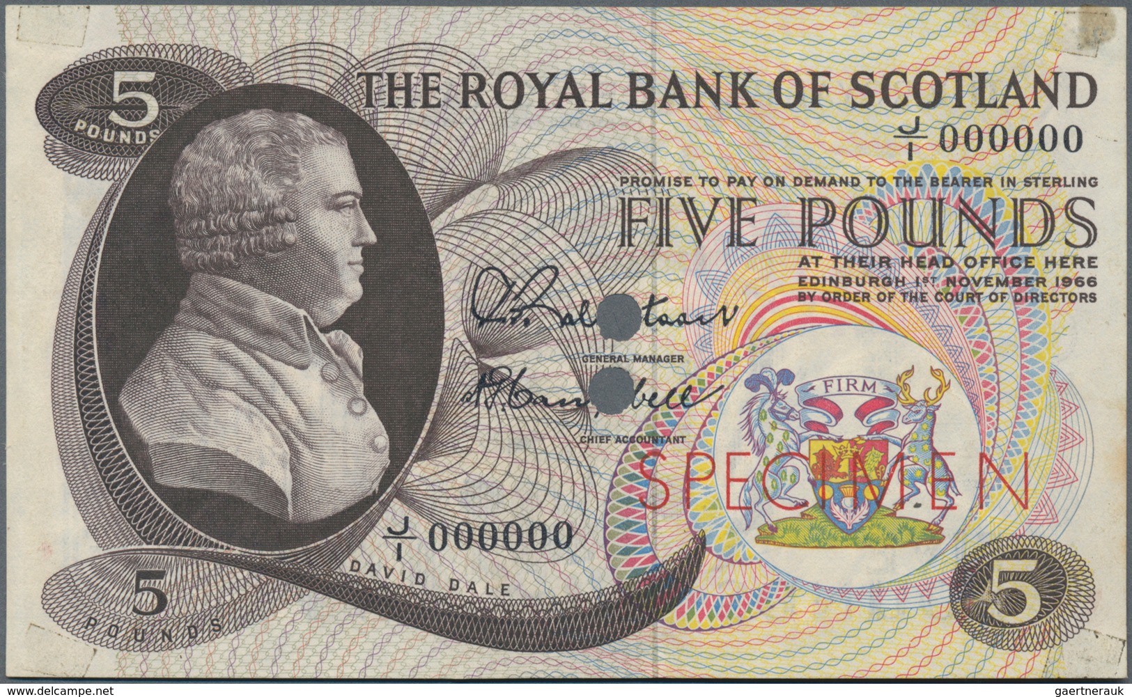 Scotland / Schottland:  The Royal Bank Of Scotland 5 Pounds 1966 Color Trial SPECIMEN, P.328cts, Zer - Andere & Zonder Classificatie