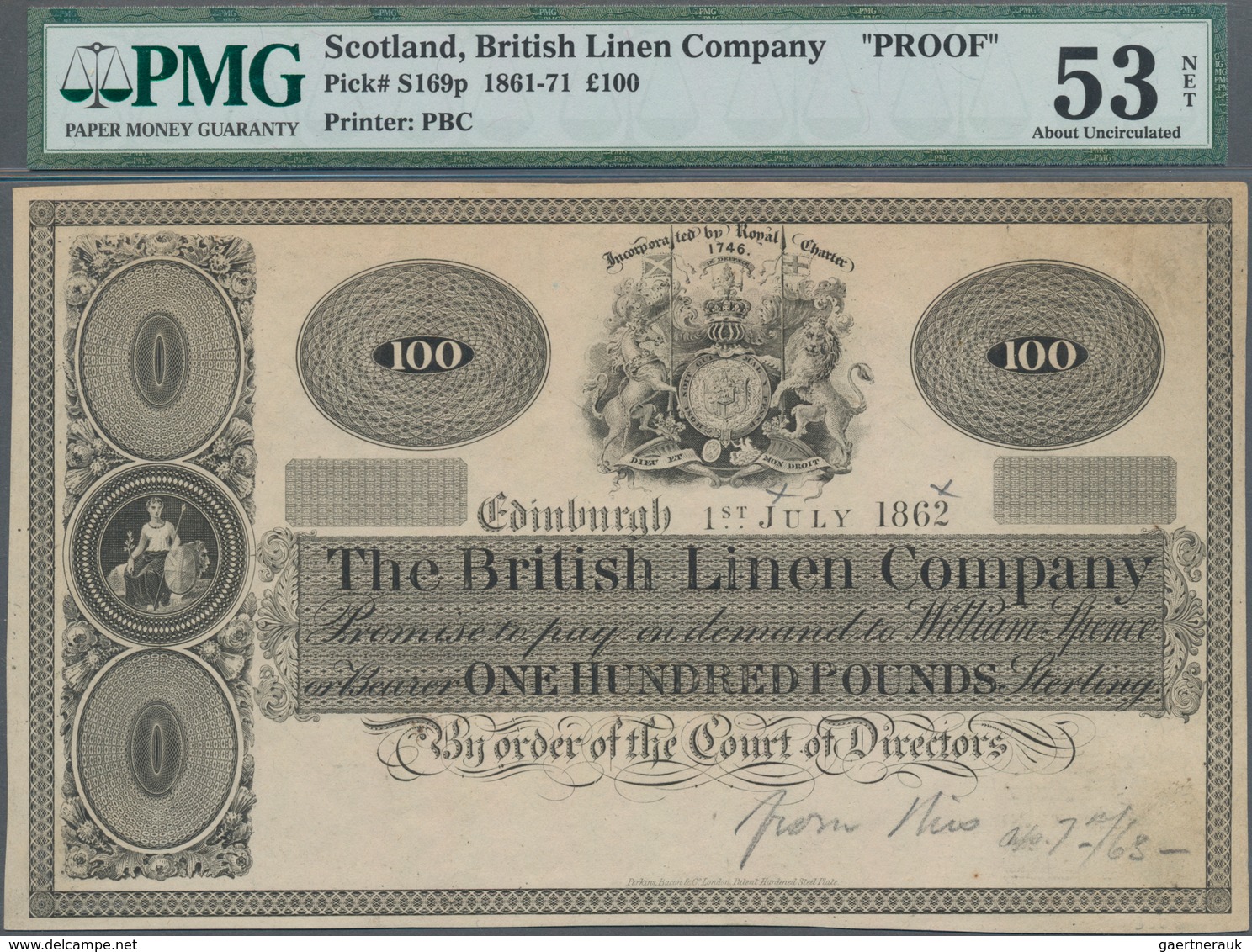 Scotland / Schottland: The British Linen Bank 100 Pounds 1862 Front Proof, P.S169p, Previously Mount - Andere & Zonder Classificatie