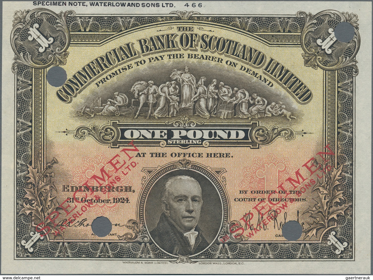 Scotland / Schottland: The Commercial Bank Of Scotland Limited 1 Pound 1924 Color Trial SPECIMEN In - Sonstige & Ohne Zuordnung