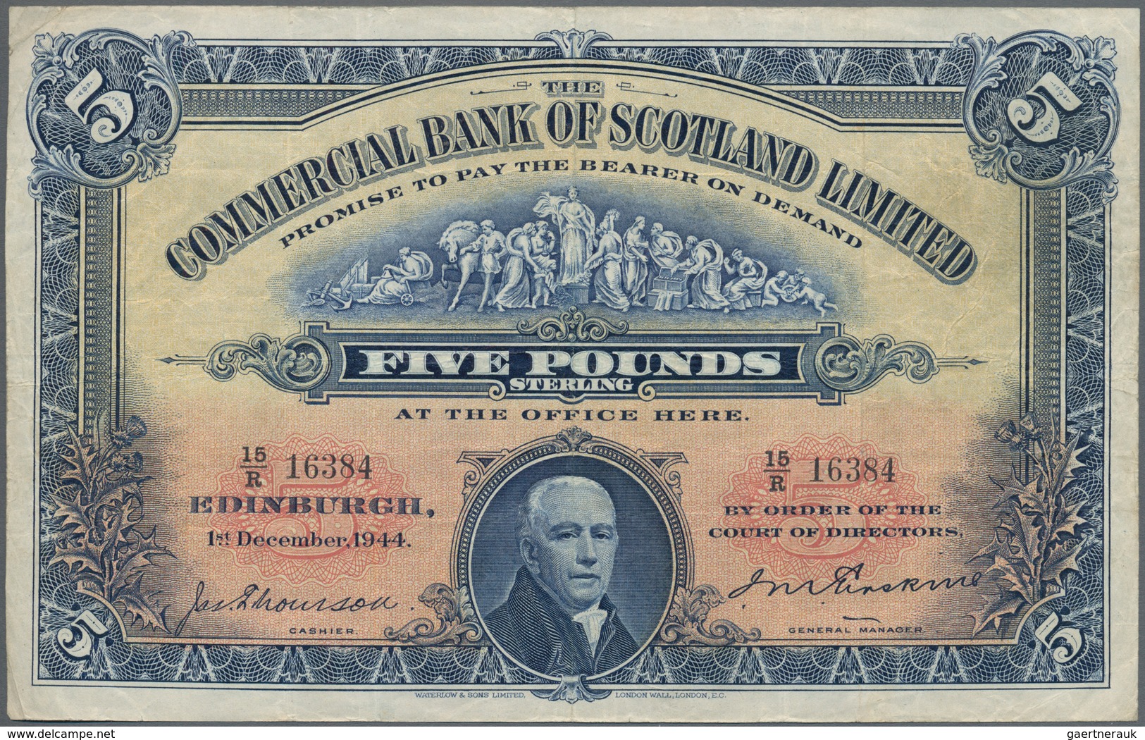 Scotland / Schottland: Commercial Bank Of Scotland Limited 5 Pounds 1944, P.S328, Still Great Condit - Andere & Zonder Classificatie