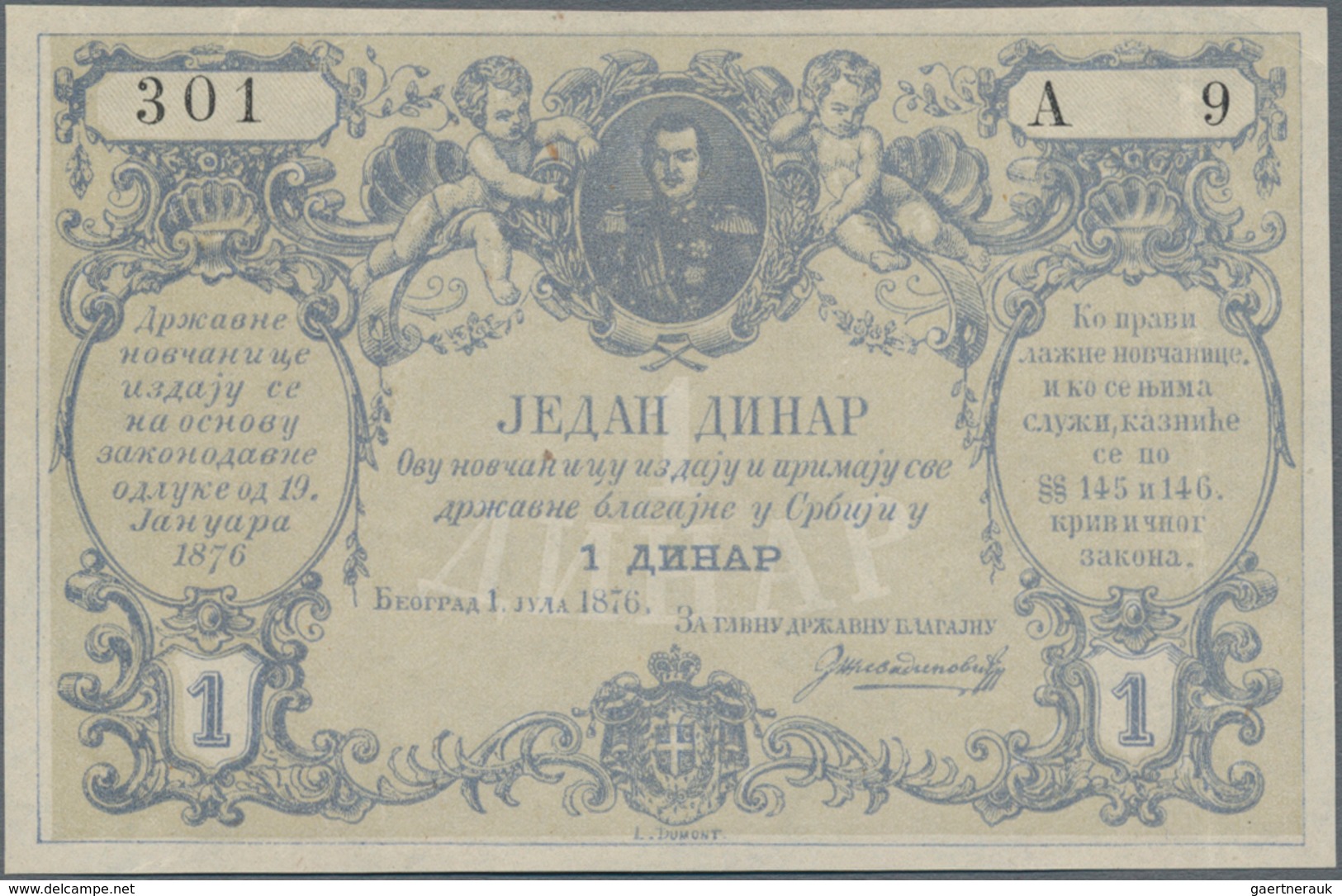 Serbia / Serbien: Kingdom Of Serbia 1 Dinar 1876, P.1, Highly Rare Banknote In Excellent Condition, - Serbien