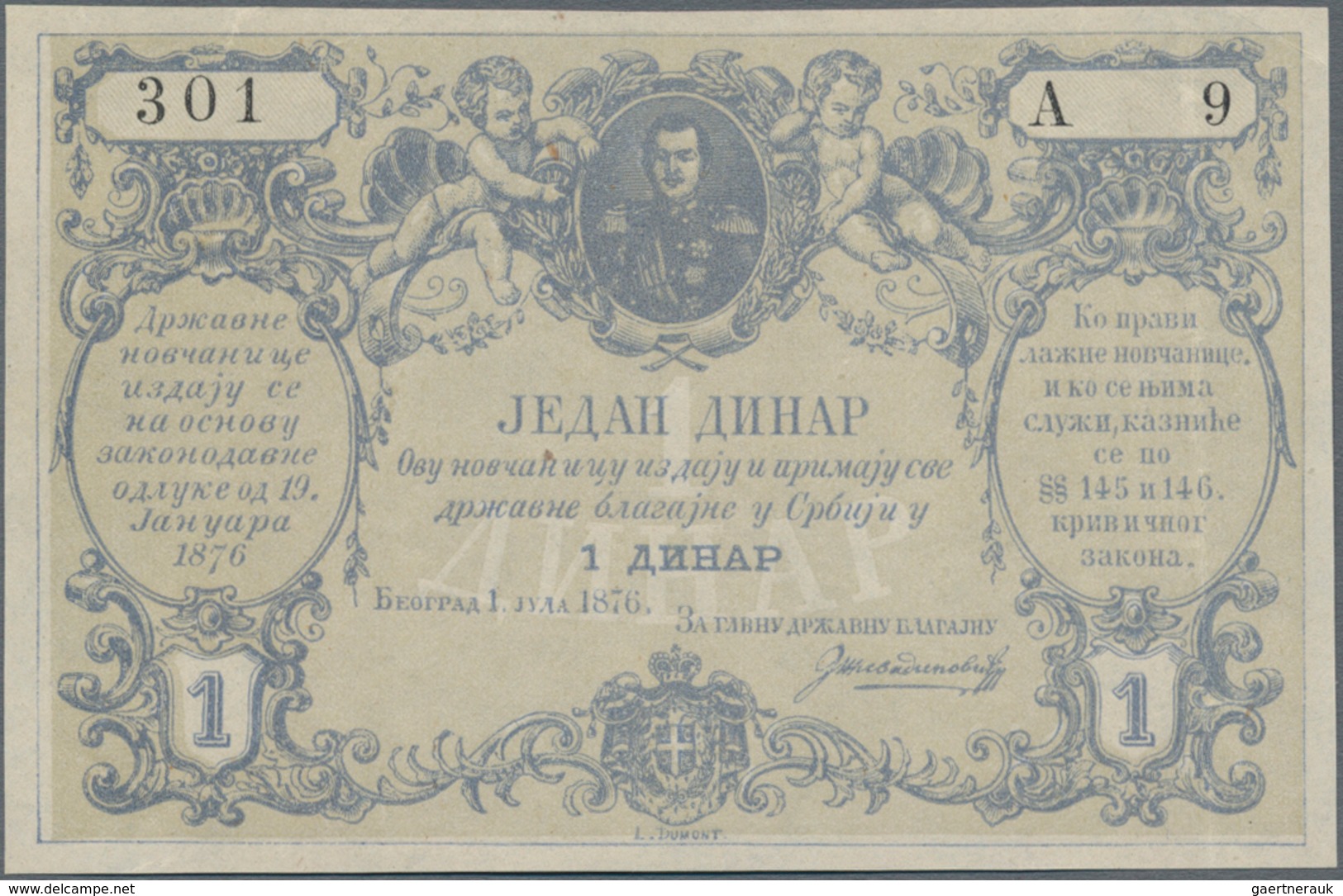 Serbia / Serbien: Kingdom Of Serbia 1 Dinar 1876, P.1, Highly Rare Banknote In Excellent Condition, - Servië