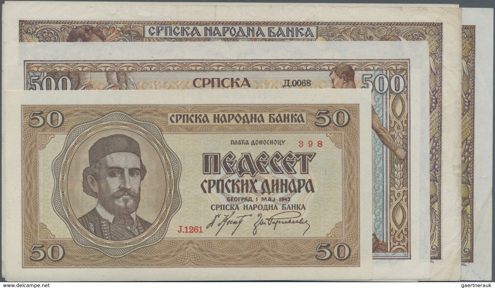 Serbia / Serbien: Set With 6 Banknotes Of The 1942 Occupation Issue With 50 Dinara P.29 (XF), 500 Di - Serbia