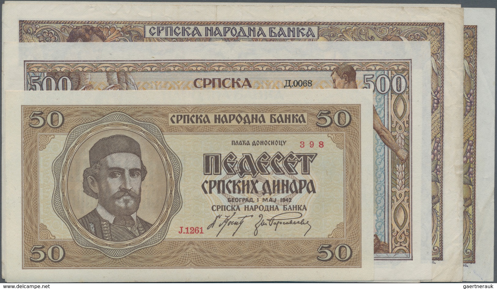 Serbia / Serbien: Set With 6 Banknotes Of The 1942 Occupation Issue With 50 Dinara P.29 (XF), 500 Di - Serbien