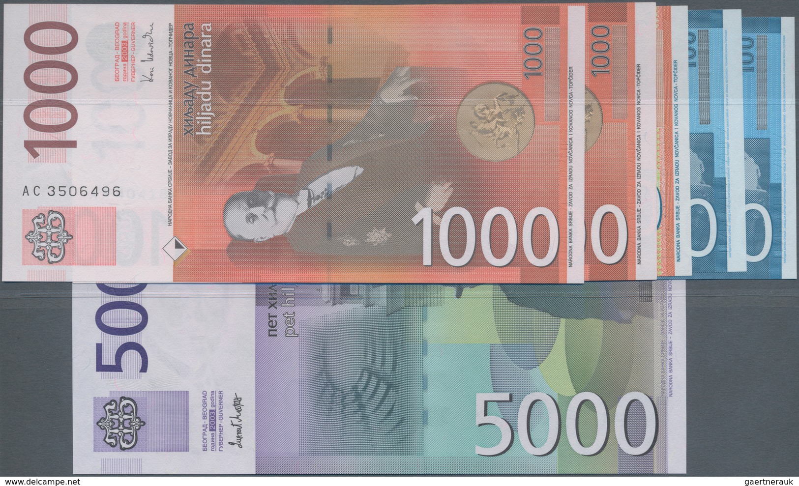Serbia / Serbien: Set With 6 Banknotes Of The 2003 – 2005 Issue With 2x 100, 500, 2x 1000 And 5000 D - Serbia