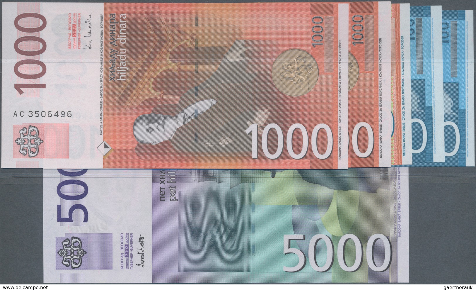 Serbia / Serbien: Set With 6 Banknotes Of The 2003 – 2005 Issue With 2x 100, 500, 2x 1000 And 5000 D - Servië