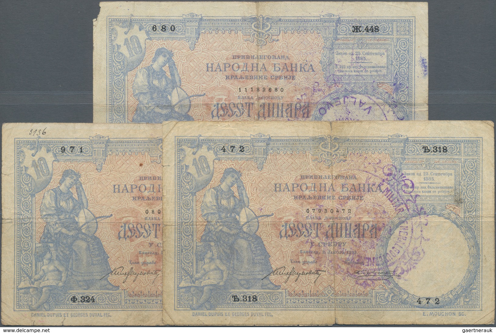 Serbia / Serbien: Austrian Military Government In Serbia, Set With 3 Banknotes With 10 Dinara 1893 W - Servië