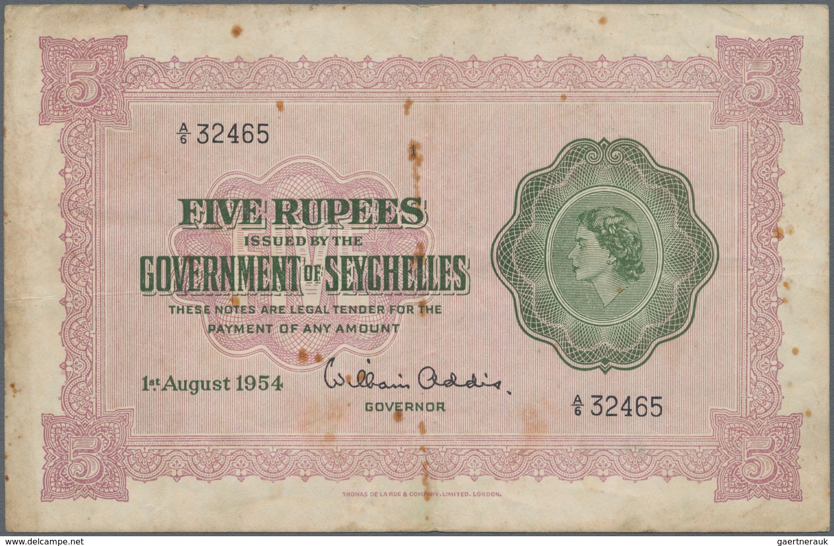 Seychelles / Seychellen: Government Of Seychelles 5 Rupees 1954, P.11a, Still Intact With Rusty Pinh - Seychelles