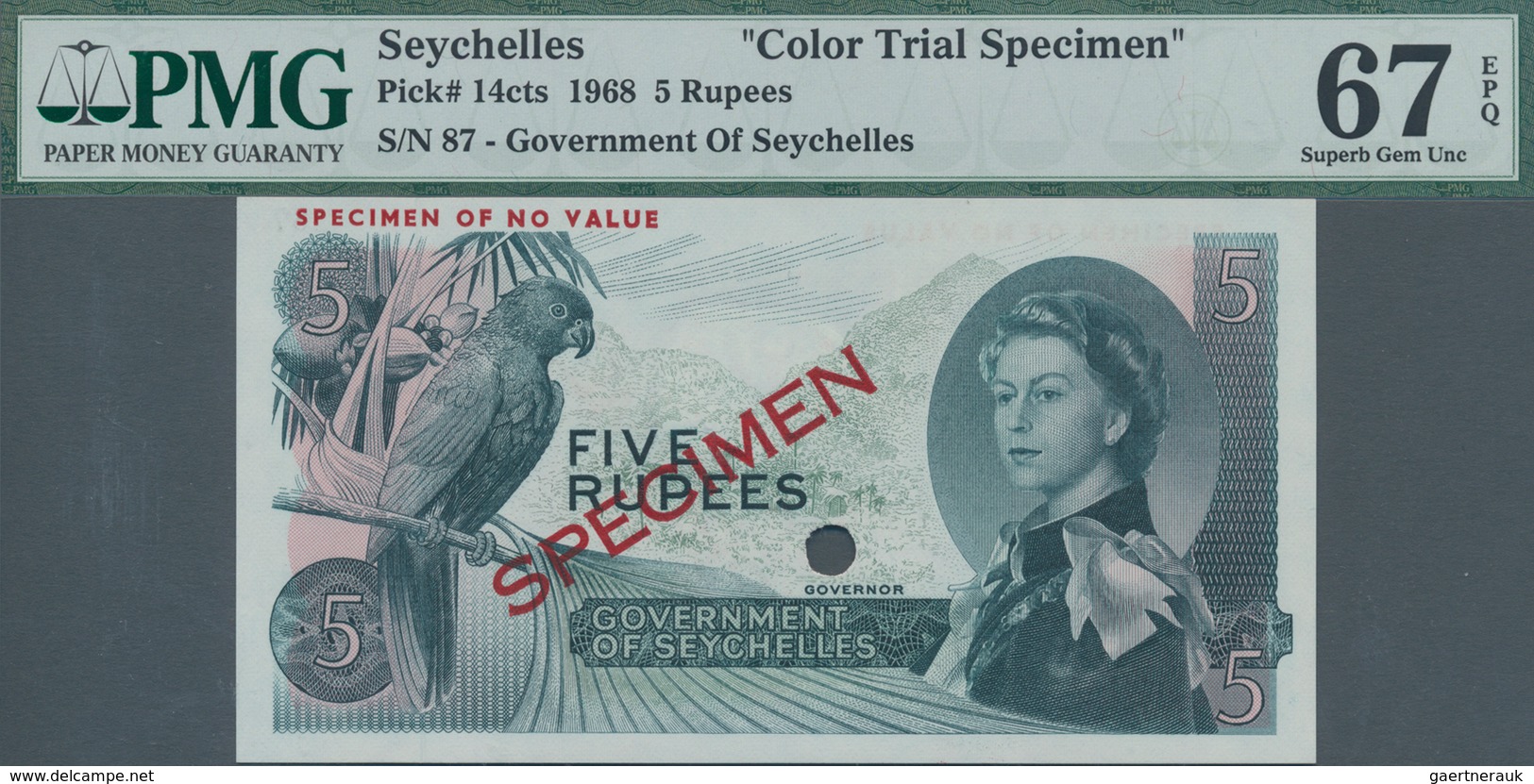 Seychelles / Seychellen: Government Of Seychelles 5 Rupees 1968 Color Trial SPECIMEN, P.14cts, PMG G - Seychelles