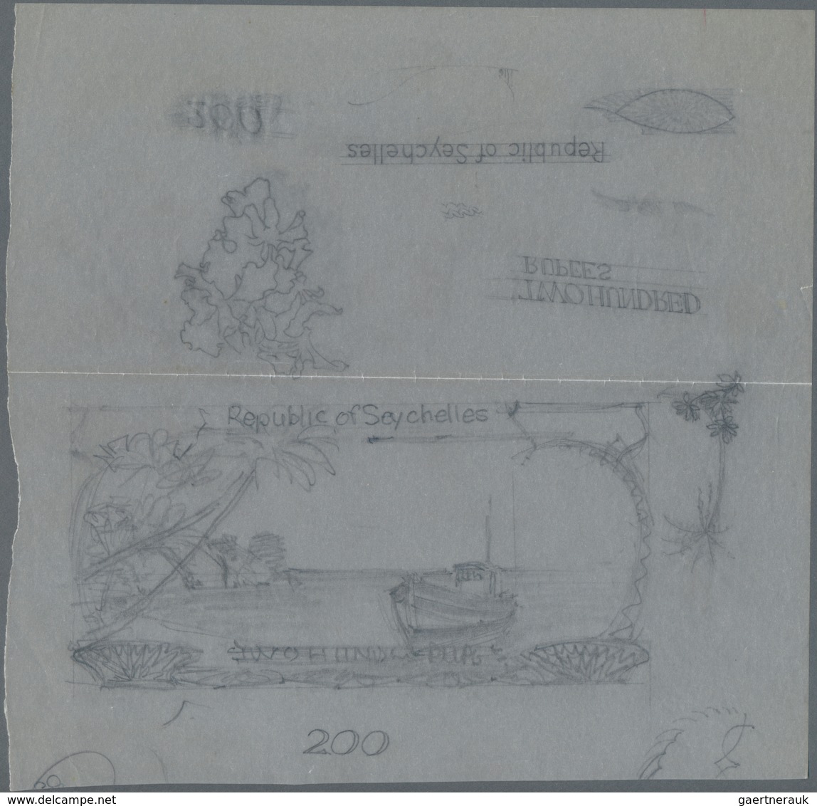 Seychelles / Seychellen: Hand Drawn Pencil Sketch For A 200 Rupees Banknote On Parchment Paper With - Seychelles