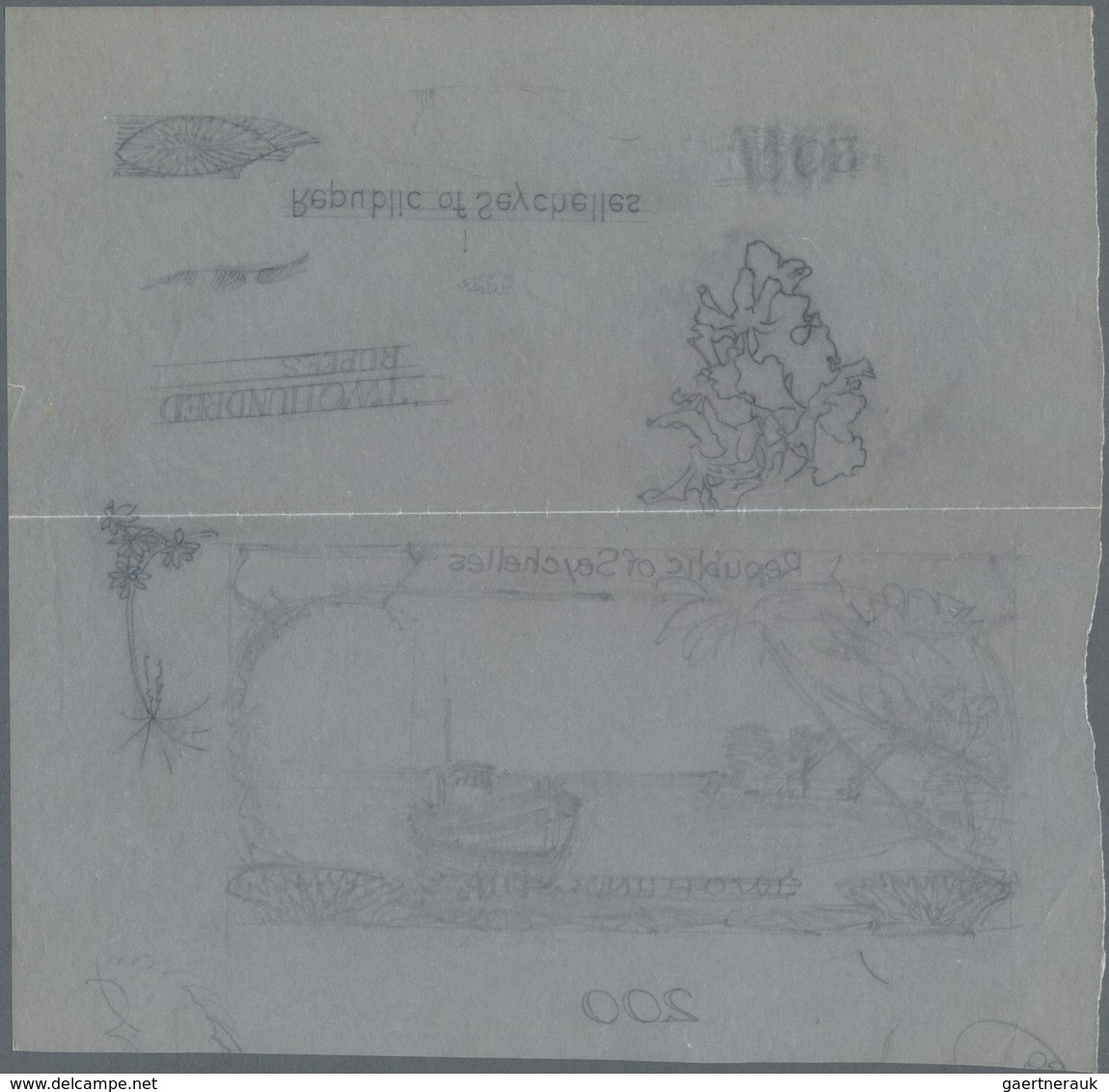 Seychelles / Seychellen: Hand Drawn Pencil Sketch For A 200 Rupees Banknote On Parchment Paper With - Seychellen