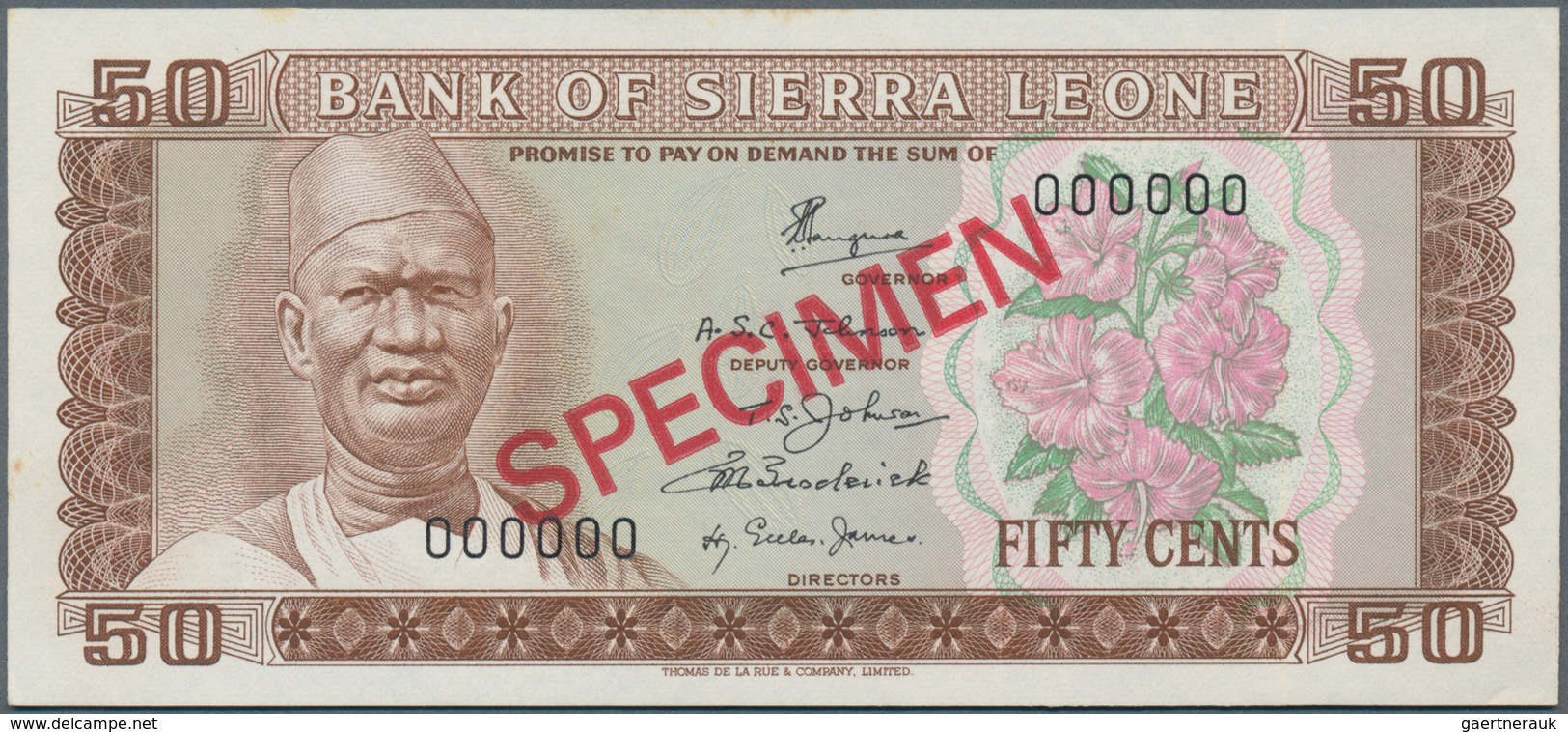 Sierra Leone:  Bank Of Sierra Leone 50 Cents ND(1979-84) SPECIMEN, P.4s, Zero Serial Number And Red - Sierra Leone