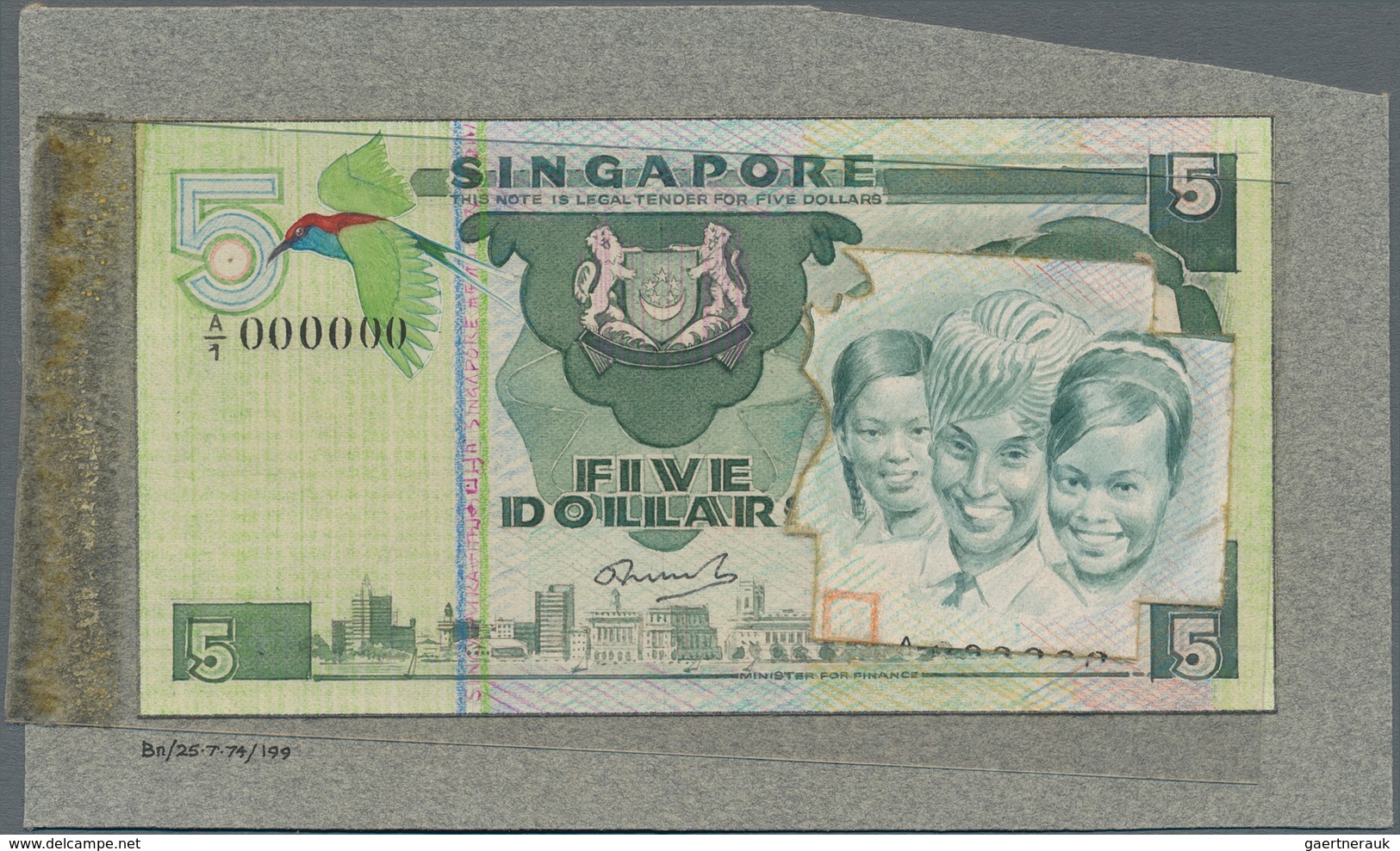 Singapore / Singapur: Front And Back Side Design Proof, Or Essay For A 5-Dollars-banknote Glued On C - Singapur