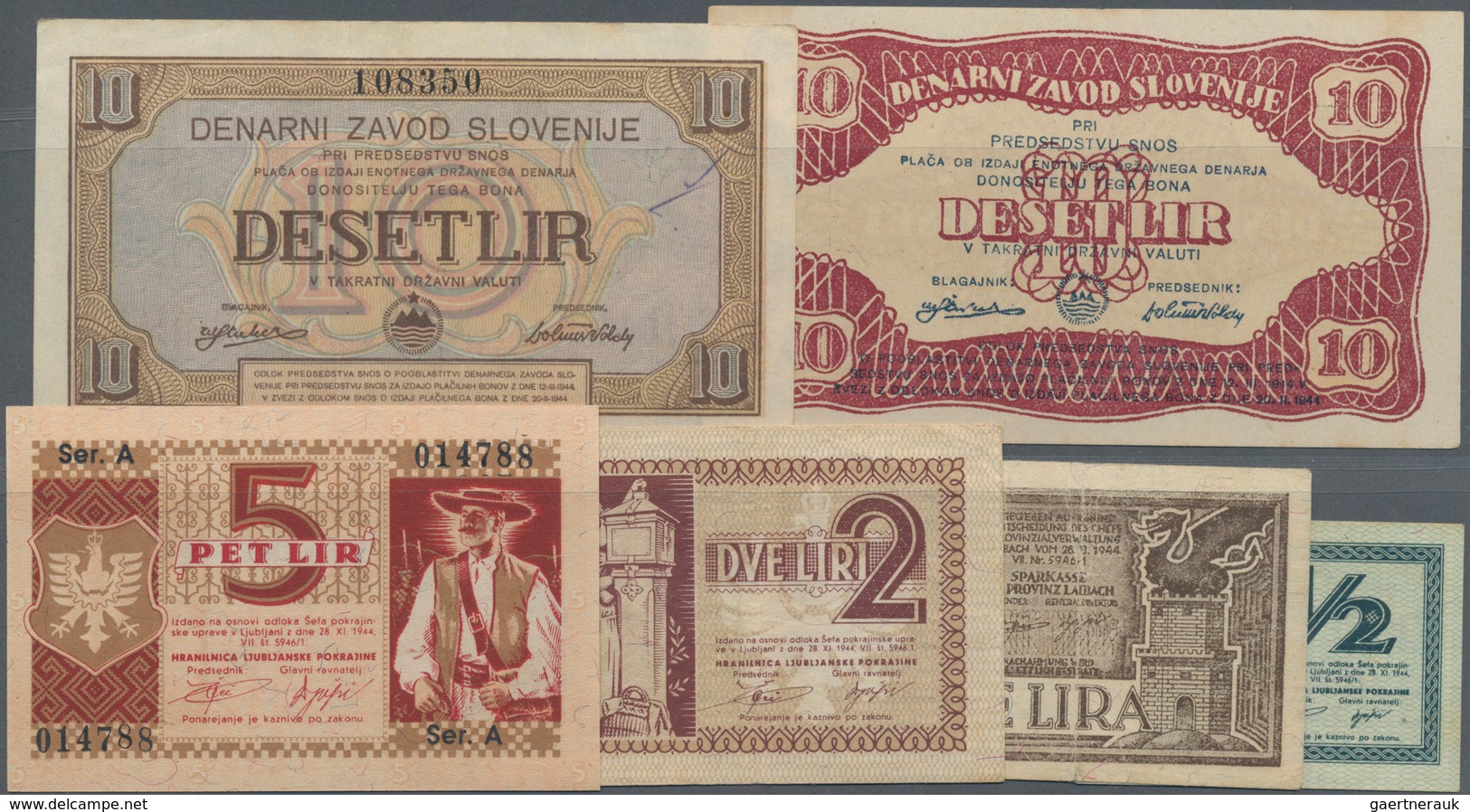 Slovenia / Slovenien: Highly Rare Lot With 6 Banknotes Comprising 1/2, 1, 2 And 5 Lir 1944 Of The SP - Slovenië