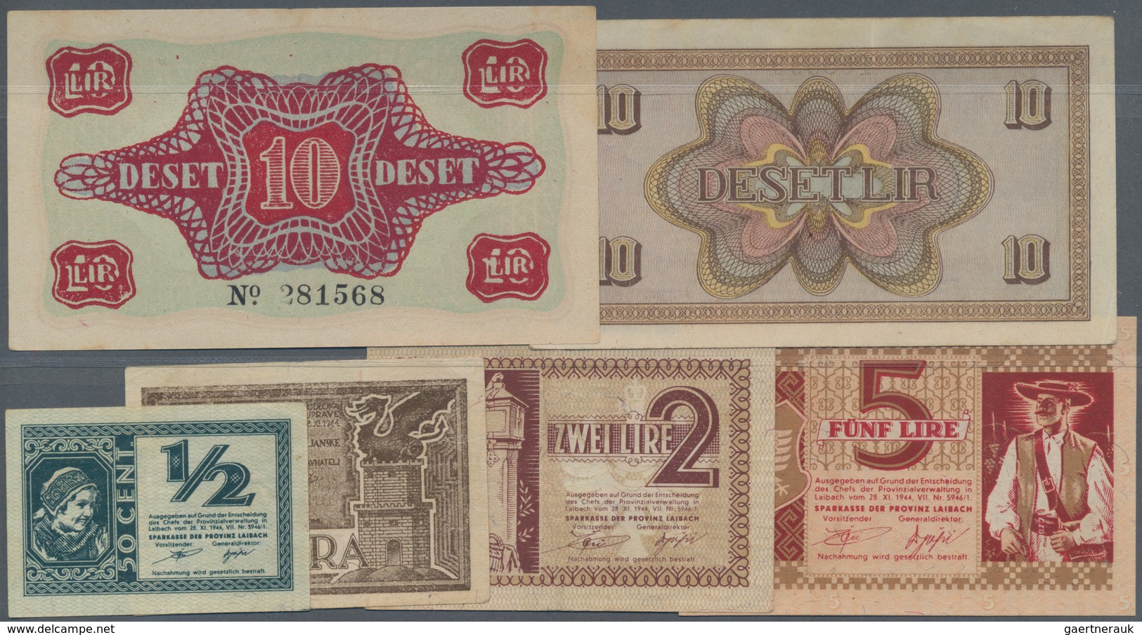 Slovenia / Slovenien: Highly Rare Lot With 6 Banknotes Comprising 1/2, 1, 2 And 5 Lir 1944 Of The SP - Slowenien