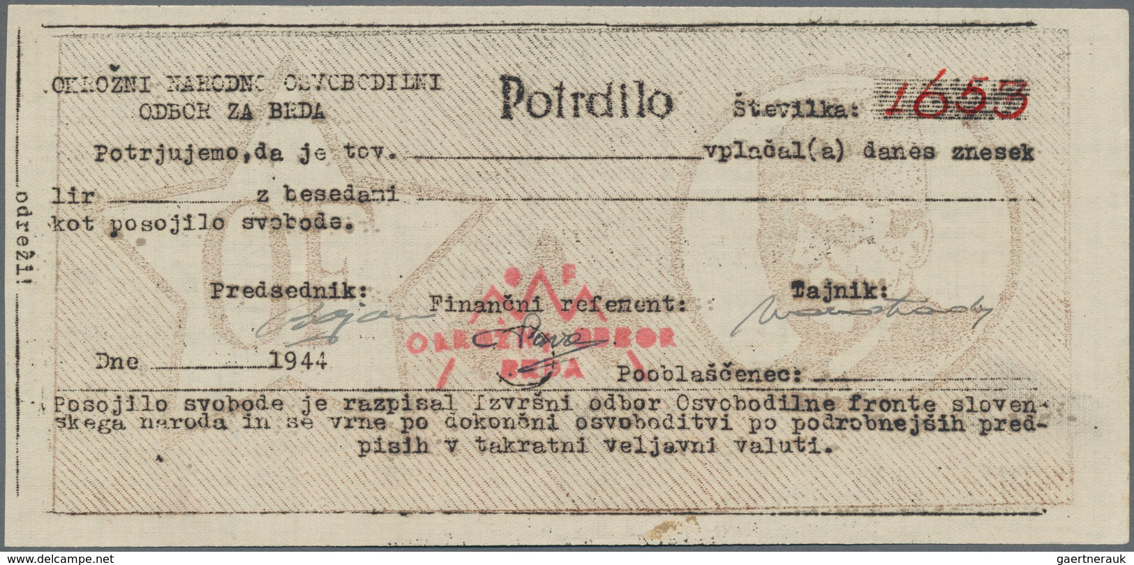 Slovenia / Slovenien: Blank Check From 1944 Of The Partisans With Red Serial Number And Slight Verti - Slowenien