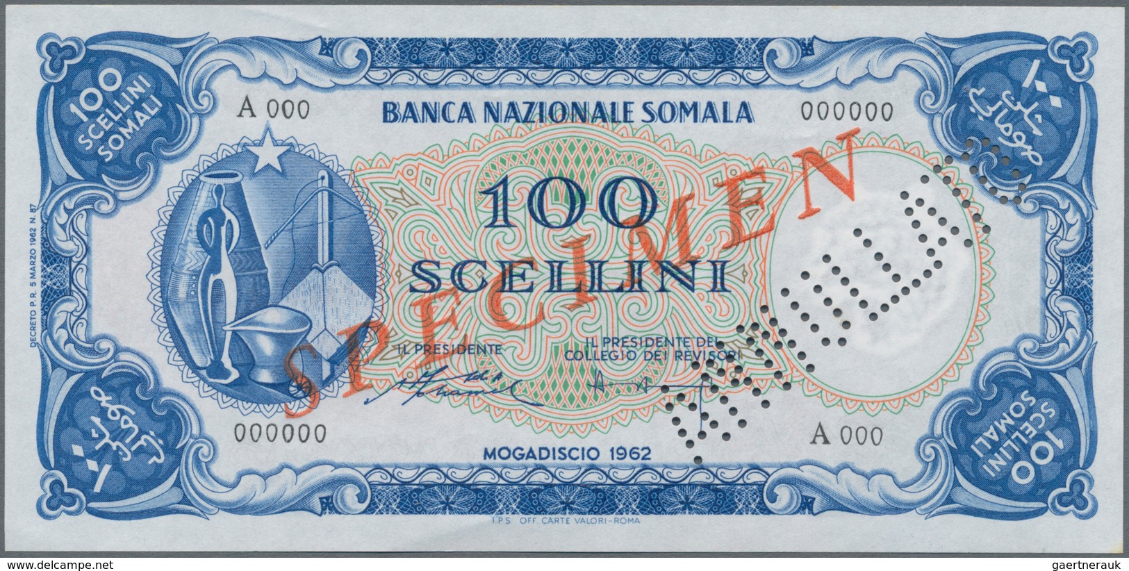 Somalia: Banca Nazionale Somala 100 Scellini 1962 SPECIMEN, P.4s In Perfect UNC Condition. - Somalia