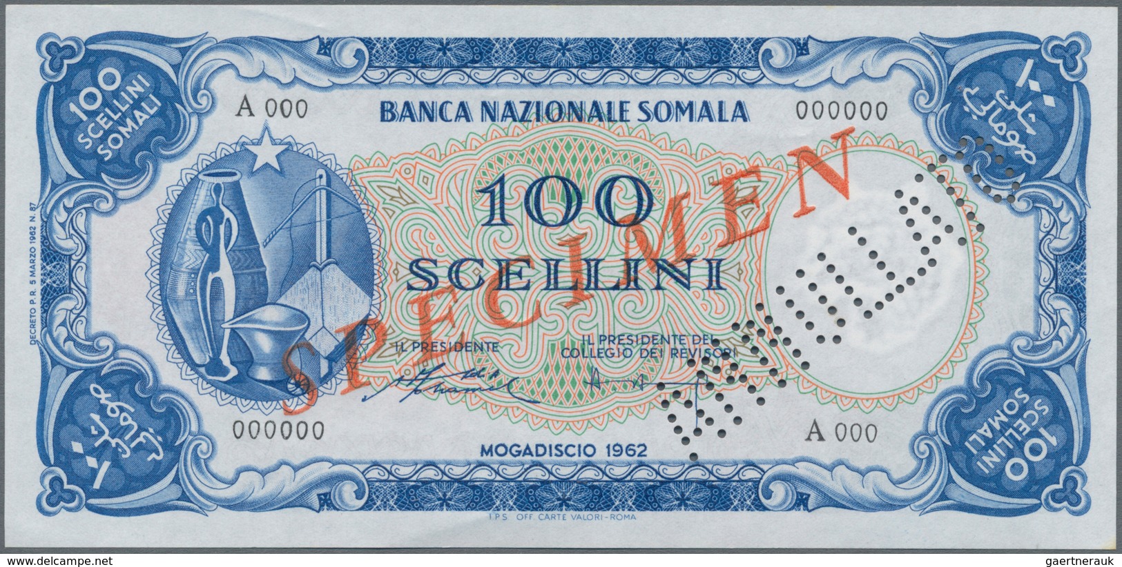 Somalia: Banca Nazionale Somala 100 Scellini 1962 SPECIMEN, P.4s In Perfect UNC Condition. - Somalië