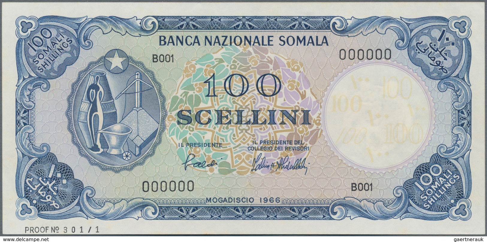 Somalia: Banca Nazionale Somala 100 Scellini 1966 SPECIMEN, P.8s, Very Soft Diagonal Bend At Center - Somalia