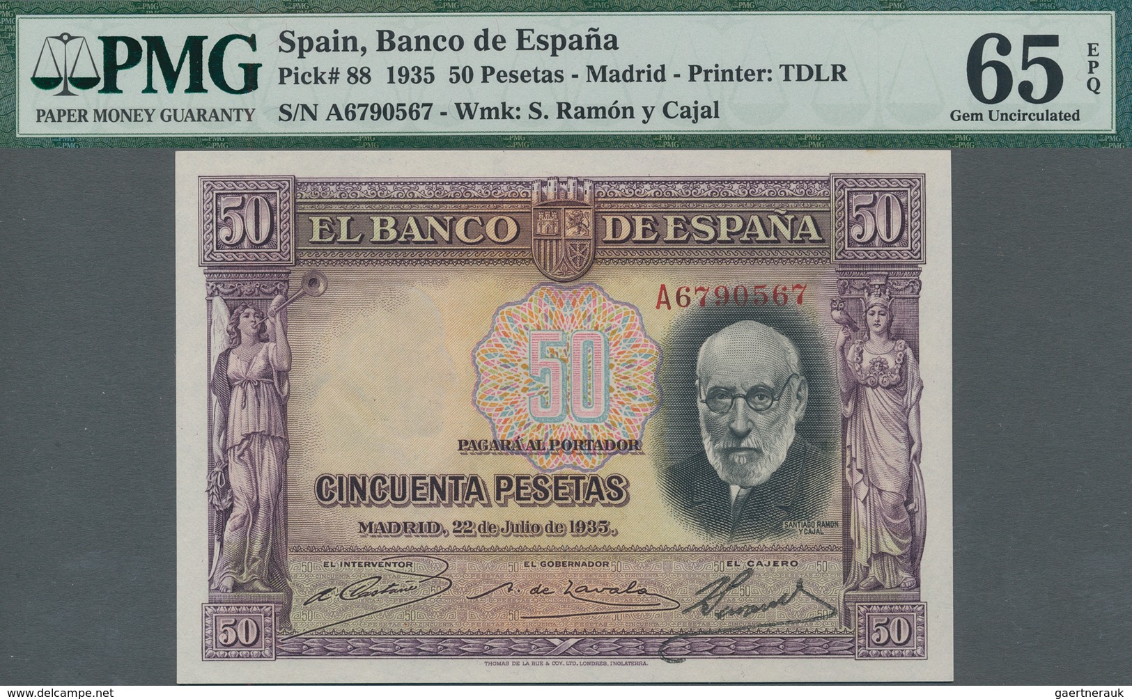 Spain / Spanien: 50 Pesetas 1935 With Serial Number A6790567 In Uncirculated Condition, PMG Graded 6 - Andere & Zonder Classificatie