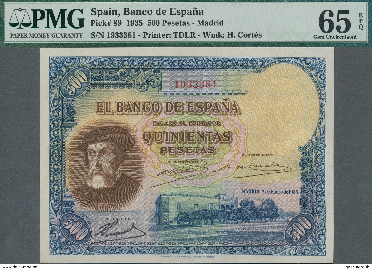 Spain / Spanien: 500 Pesetas 1935, P.89 With Serial Number 1933381 In Uncirculated Condition, PMG Gr - Otros & Sin Clasificación