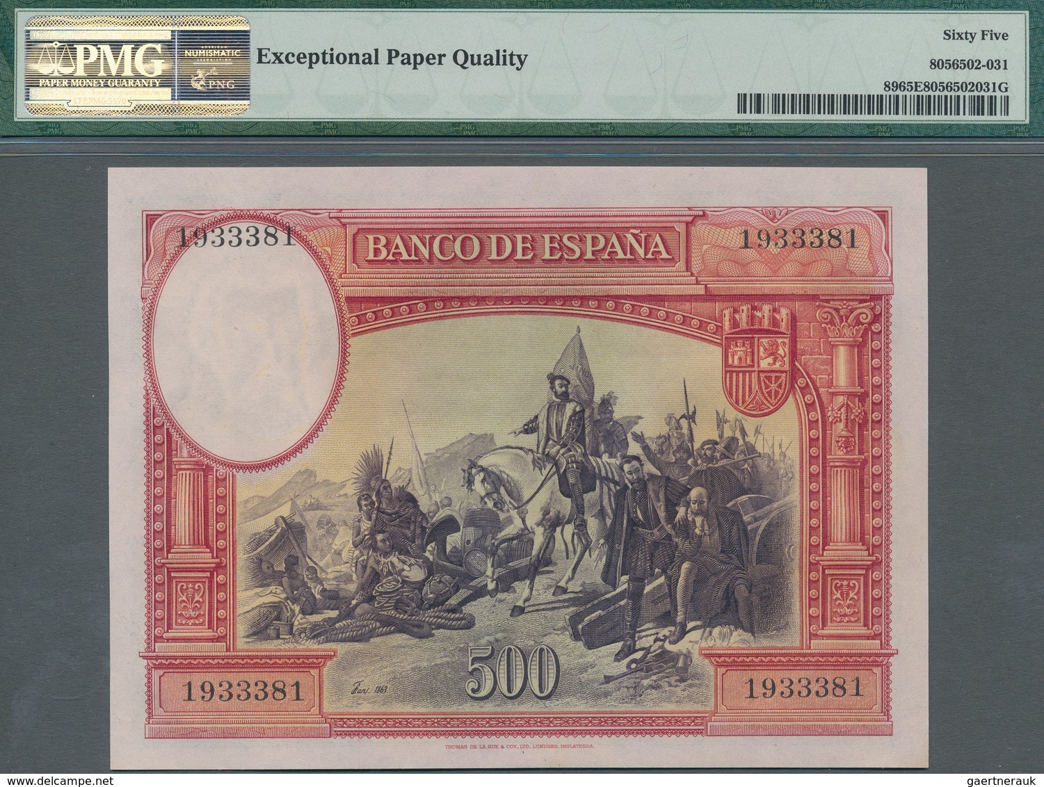 Spain / Spanien: 500 Pesetas 1935, P.89 With Serial Number 1933381 In Uncirculated Condition, PMG Gr - Otros & Sin Clasificación