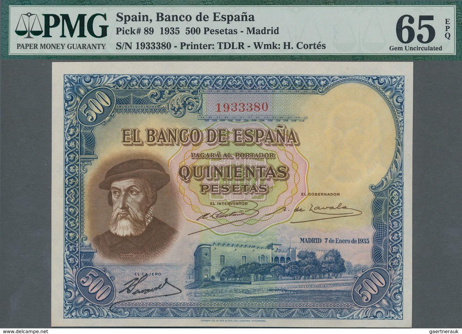 Spain / Spanien: 500 Pesetas 1935, P.89 With Serial Number 1933380 In Uncirculated Condition, PMG Gr - Andere & Zonder Classificatie