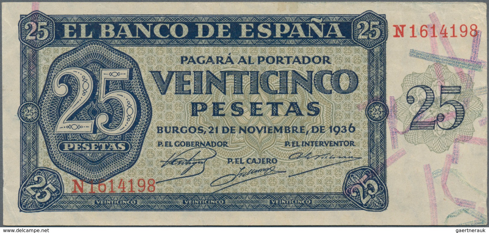 Spain / Spanien: Banco De Espana - Burgos, 25 Pesetas 1936, P.99, Great Condition Without Larger Fol - Sonstige & Ohne Zuordnung