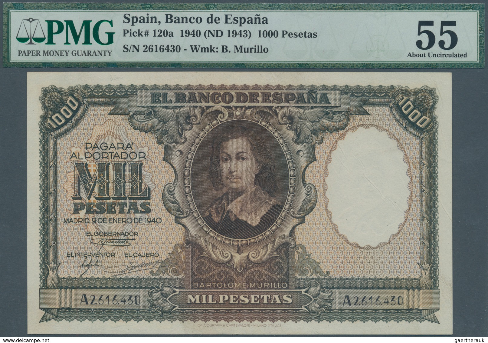 Spain / Spanien: 1000 Pesetas 1940 P. 120a, Condition: PMG Graded 55 AUNC. - Andere & Zonder Classificatie