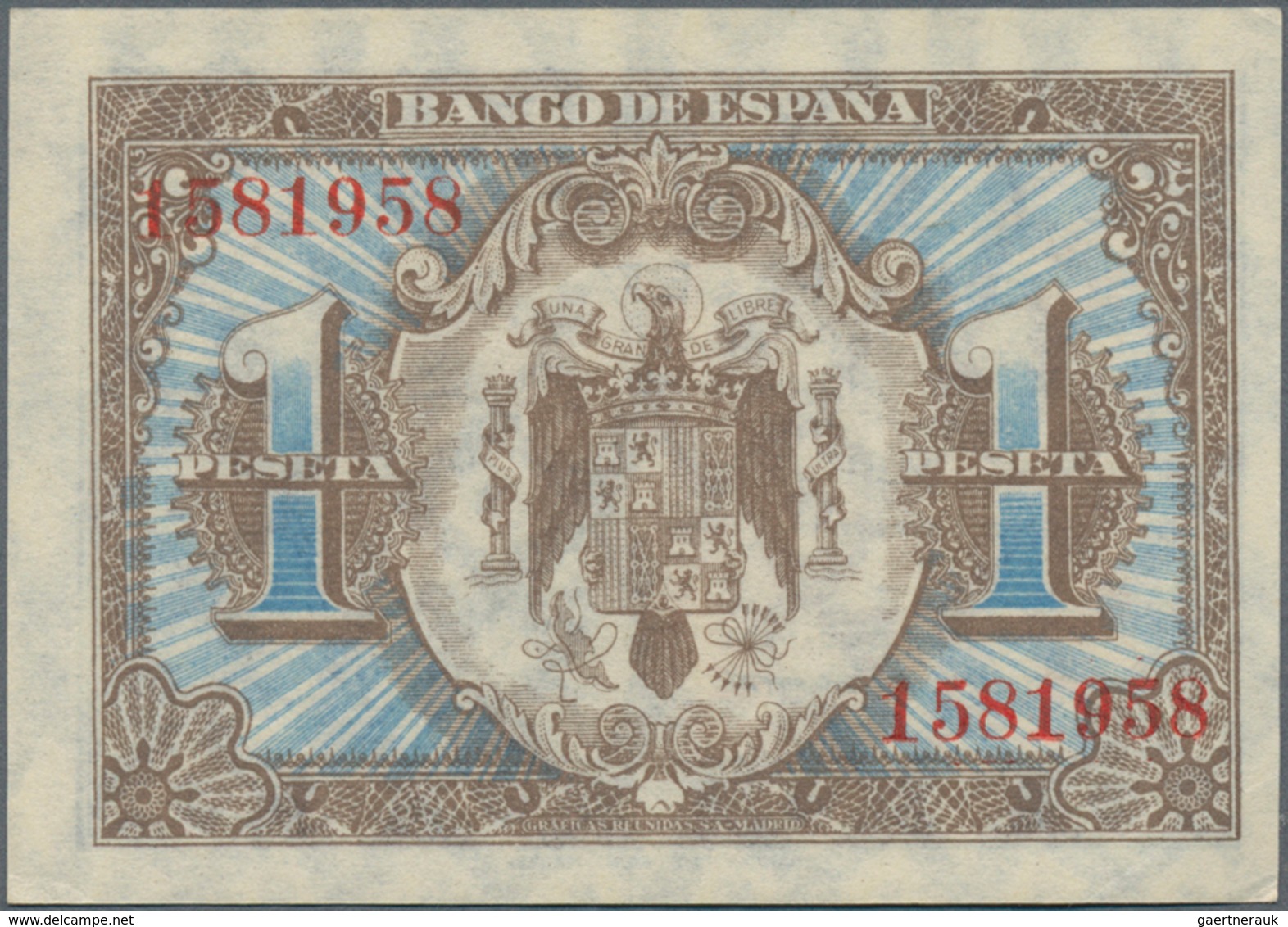 Spain / Spanien: Banco De Espana1 Peseta 1940, P.121, Unfolded And Almost Perfect With A Tiny Dint A - Otros & Sin Clasificación
