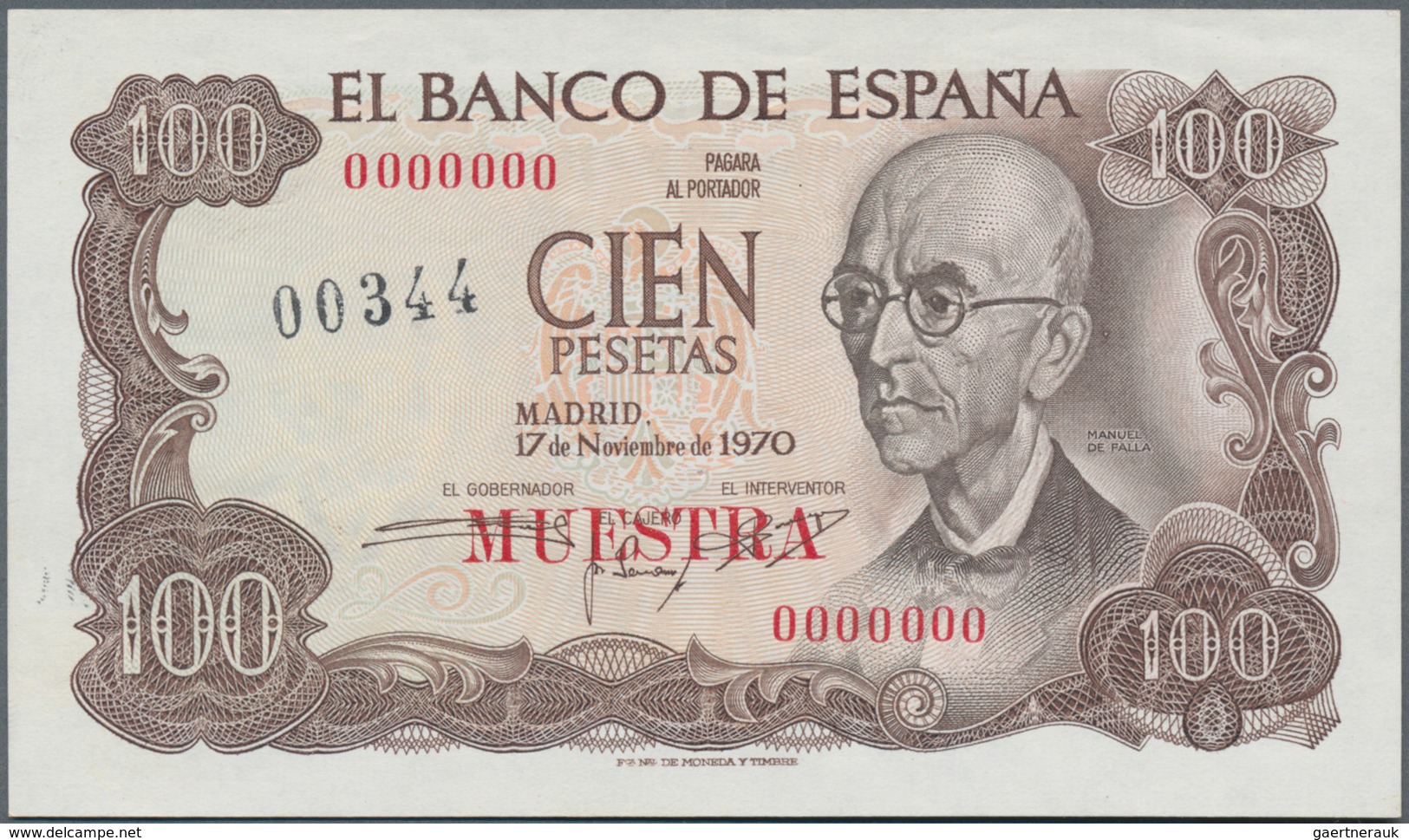 Spain / Spanien: El Banco De España 100 Pesetas 1970 SPECIMEN, P.152s With Specimen Number 00344 Sta - Sonstige & Ohne Zuordnung