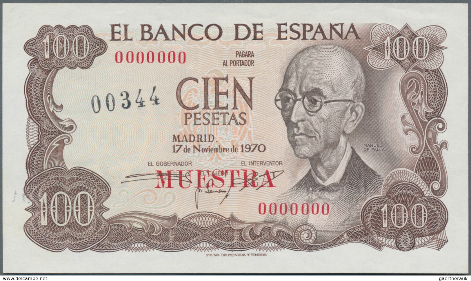 Spain / Spanien: El Banco De España 100 Pesetas 1970 SPECIMEN, P.152s With Specimen Number 00344 Sta - Andere & Zonder Classificatie