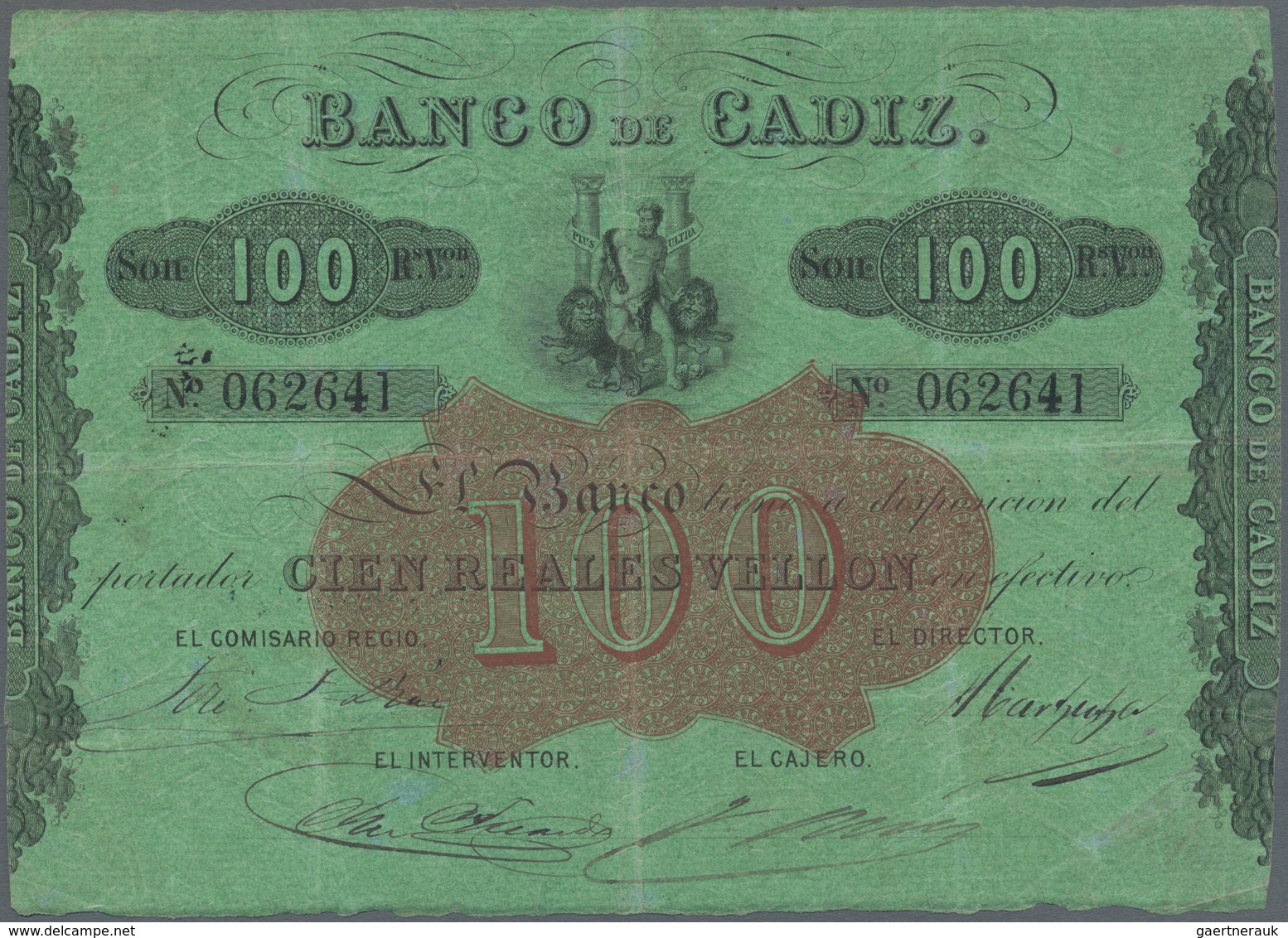 Spain / Spanien: Banco De Cadiz 100 Reales Vellon ND(1847), P.S291 With Some Bank Stamps On Back, Ot - Andere & Zonder Classificatie